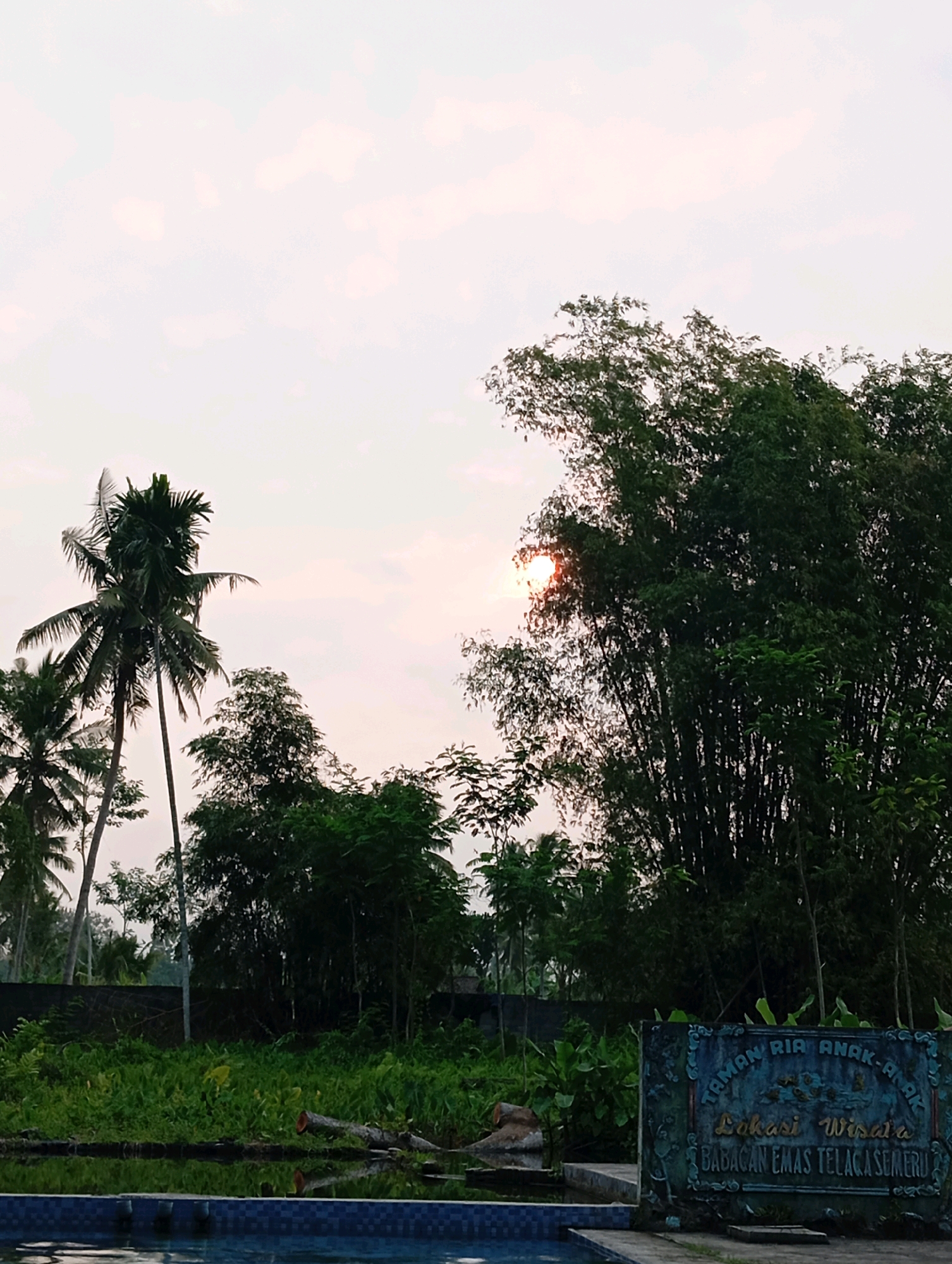 This is a landscape photograph taken at sunset in Sememu, Indonesia. The image features a lush, green environment with dense vegetation, including tall bamboo trees and coconut palms. The sun is setting, casting a warm glow through the trees, and its rays are visible peeking through the bamboo. In the foreground, a swimming pool is visible with its tiled edge. A signpost with decorative carvings and text, likely indicating a tourist location, is positioned to the right of the pool. The sky is a pale, hazy color, suggesting the presence of clouds or a dust haze common in tropical regions. The scene conveys a sense of tranquility and natural beauty.