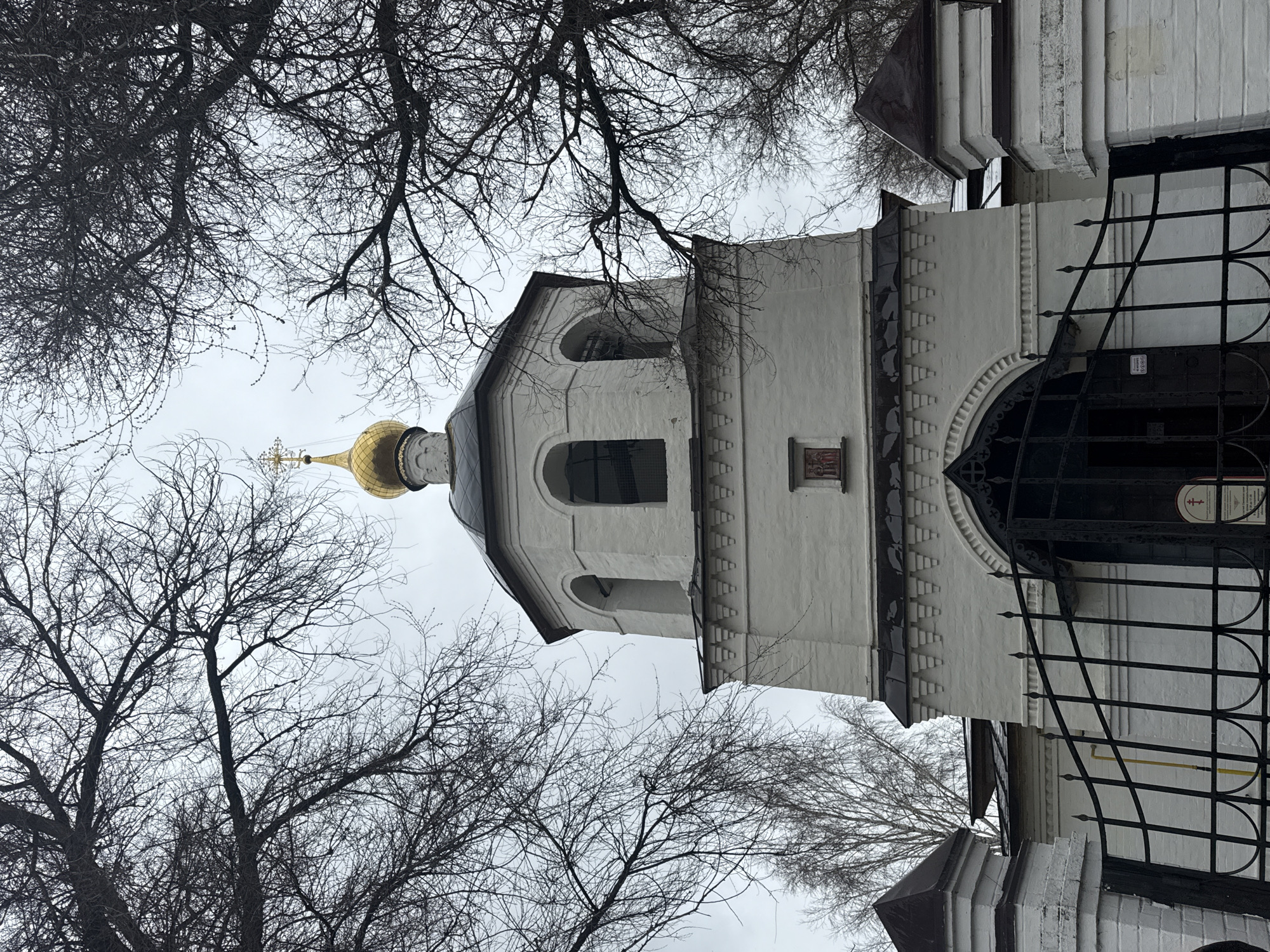The image depicts a tower and dome of a building, possibly a church, in Sviyazhsk, Russia. The tower is white with arched openings and a golden dome topped with a cross. Bare tree branches surround the structure, contrasting with the overcast sky. A black metal gate or fence partially obscures the side of the tower. The overall impression is one of a historical religious site in a wintry or early spring setting.