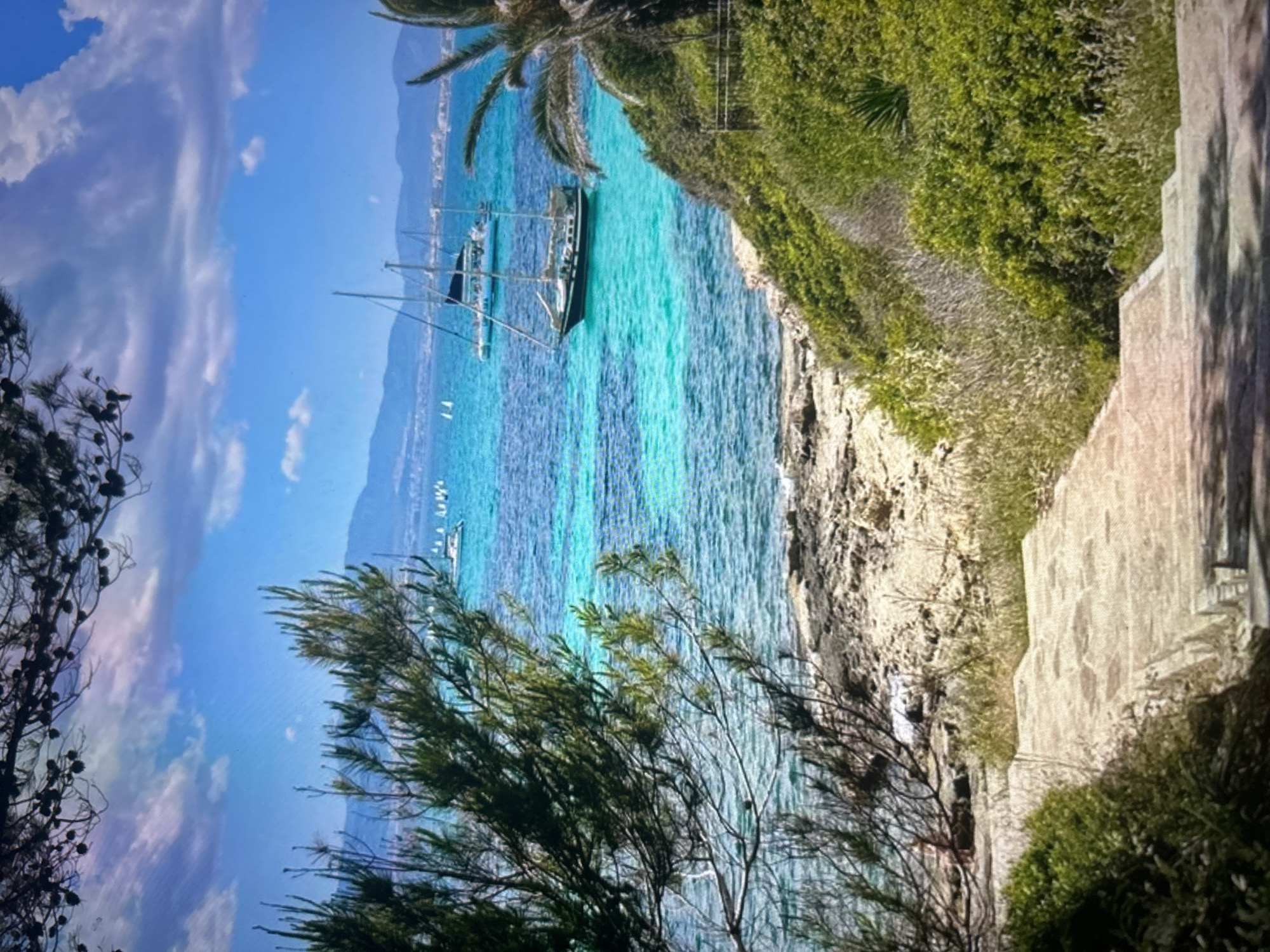 The image presents a scenic coastal view captured from an elevated vantage point, looking down upon a clear, turquoise bay under a bright blue sky. The water exhibits varying shades of blue, indicating depth changes, and is remarkably transparent.
In the middle ground of the bay, a prominent dark-hulled sailing vessel with multiple masts is either anchored or gently cruising. Several smaller white boats are dotted further across the water. The right side of the frame features a rugged coastline or cliff face, densely covered with vibrant green vegetation, including lush bushes and trees. A palm frond is visible in the top right, hinting at a tropical or Mediterranean setting.
The foreground is framed by natural elements: dark, silhouetted branches on the left and greener, leafier branches towards the bottom, partially obscuring the view but adding depth. On the far right, a sturdy stone or concrete wall suggests a built structure, like a pathway or balcony, from which the photograph was taken.
In the distance, across the serene bay, a range of mountains can be seen, with a faint indication of a coastal town or settlement along the shore. The sky is largely clear, adorned with a few scattered white clouds, suggesting sunny weather, likely late morning or early afternoon. The scene evokes feelings of tranquility and natural beauty. No people or text are visible in the image.