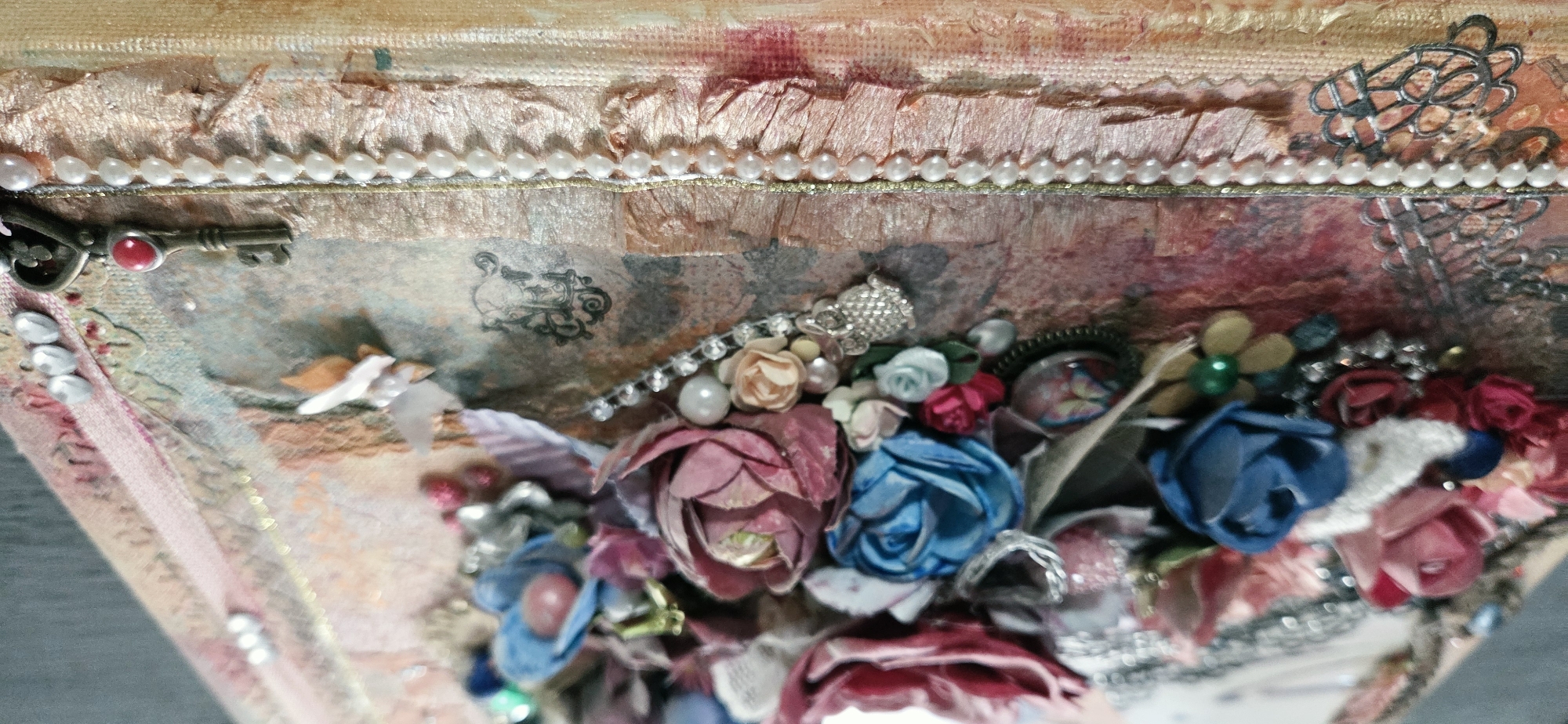 This image is a close-up, detailed view of a craft project, likely a mixed media assemblage or altered art piece. The piece is decorated with various small, artificial flowers in shades of pink, blue, and red, interspersed with beads, sequins, and small metal charms. Notable charms include a vintage-style key with a red gem at the top, a small owl, and what appears to be a cameo with a butterfly image. The background of the project features textured paper or fabric with a distressed, aged appearance, incorporating patterns and possibly stamped images. Decorative elements like ruffled ribbon and a pearl trim run along the edge of the piece. The lighting highlights the textures and embellishments, creating a sense of depth and richness. The image is a detail shot, focusing on the intricate craftsmanship and the variety of materials used in the artwork. There is no discernible connection to Lipetsk, Russia, as the image exclusively captures a stationary craft item.