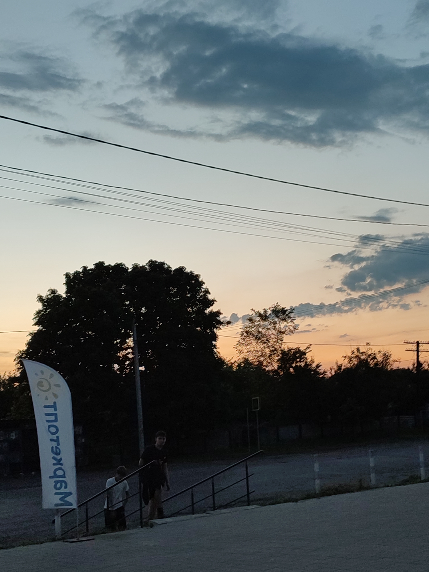 The image depicts an outdoor scene in Ustyvytsia, Ukraine, at dusk. The sky transitions from a muted grayish-blue at the top to a warm orange and yellow glow near the horizon. Scattered dark gray clouds are visible, particularly in the upper half of the frame. Multiple black utility wires span horizontally across the mid-upper portion of the sky.
In the mid-ground, a large, dark-silhouetted deciduous tree occupies the left-center, obscuring part of the horizon. Additional trees and dense foliage form a dark silhouette against the lower sunset sky, extending towards the right. A dark utility pole with a crossarm is visible on the far right horizon.
In the lower-left, a tall, white, tear-drop shaped banner or flag stands upright. It features a yellow sun-like emblem at the top and vertical black text that appears mirrored, resembling "W9qe9JOM" if read from bottom-up and right-to-left.
In the lower-center, a set of concrete steps with a black metal handrail descends from left to right. Two individuals are present on these steps. A male, likely an older teen or young adult, is walking down, wearing a dark t-shirt and dark shorts, and carrying a dark item over his left arm. A second, younger male, possibly a child, is further down the steps to the left, wearing a light-colored t-shirt and dark shorts, partially obscured by the railing.
The immediate foreground consists of a dark gray paved surface. Beyond the steps, the ground appears to be an unpaved or gravel area, leading towards indistinct, dark structures in the background.