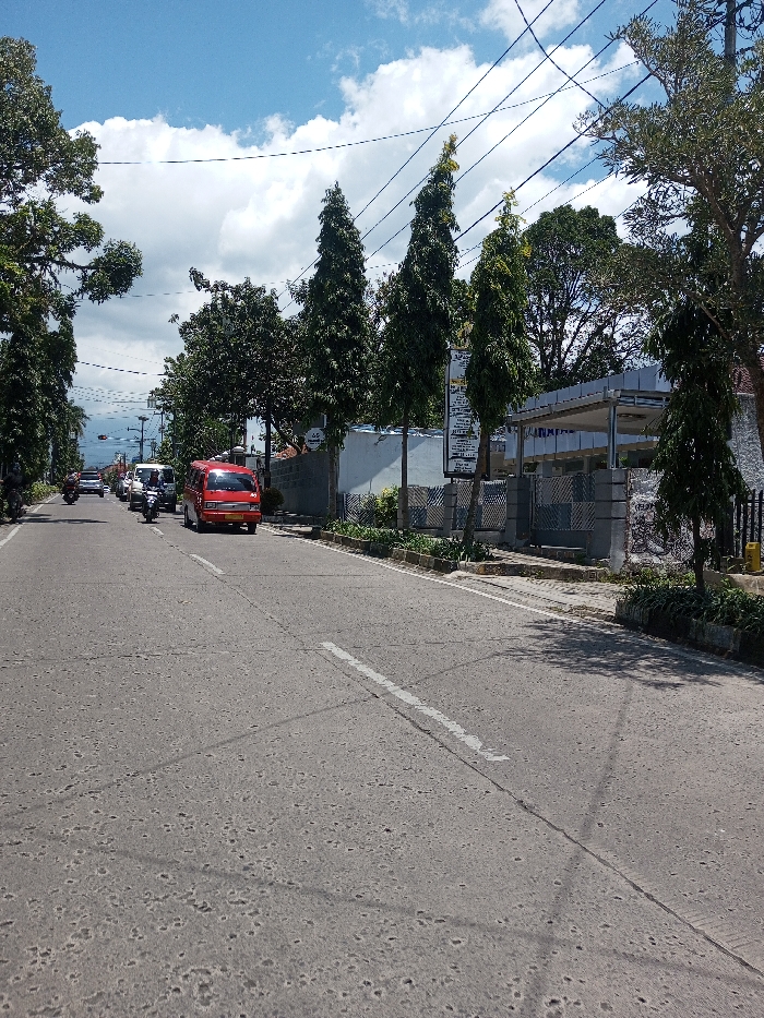 The image depicts a daylight street scene in Tagtse Tashidingkha, Bhutan. A two-lane asphalt road, marked with a faded white dashed line and exhibiting a textured, worn surface, extends from the foreground into the distance. In the right lane, a red minivan-style vehicle is visible, followed by several cars and motorcycles traveling away from the viewer. The right side of the road features a narrow median planted with shrubs and a row of tall, slender, conical evergreen trees. Behind these trees, a concrete wall and a building with a grey overhead canopy structure are situated, accompanied by multiple white signs displaying unreadable black text. Large leafy trees line both sides of the road further along, and utility power lines are suspended overhead against a blue sky with scattered white clouds. No discernible individuals are visible.