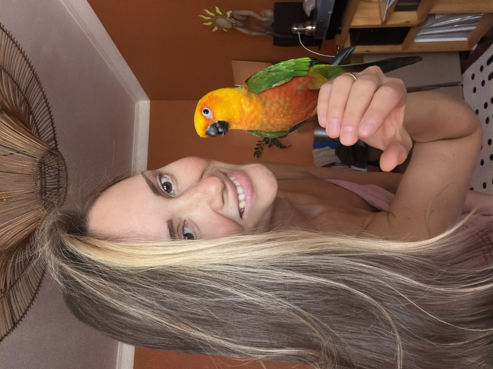 A woman with long blonde and brown hair is holding a colorful parrot on her hand. The parrot is predominantly yellow and orange with green wings and black accents on its head. The woman is smiling and looking at the camera, with a few freckles visible on her cheeks. Her hair is partly covering her face and chest. She is wearing a pink top. The background shows an orange wall, a dark wooden shelf with some items, and a decorative element on the left side that appears to be a woven lampshade or fan. The lighting suggests an indoor setting, possibly in the evening or with artificial light. The overall mood of the image is cheerful and playful, with the woman and the parrot appearing to be interacting happily. The image is taken from a slightly low angle, making the viewer look up at the subjects. There is no visible text in the image.