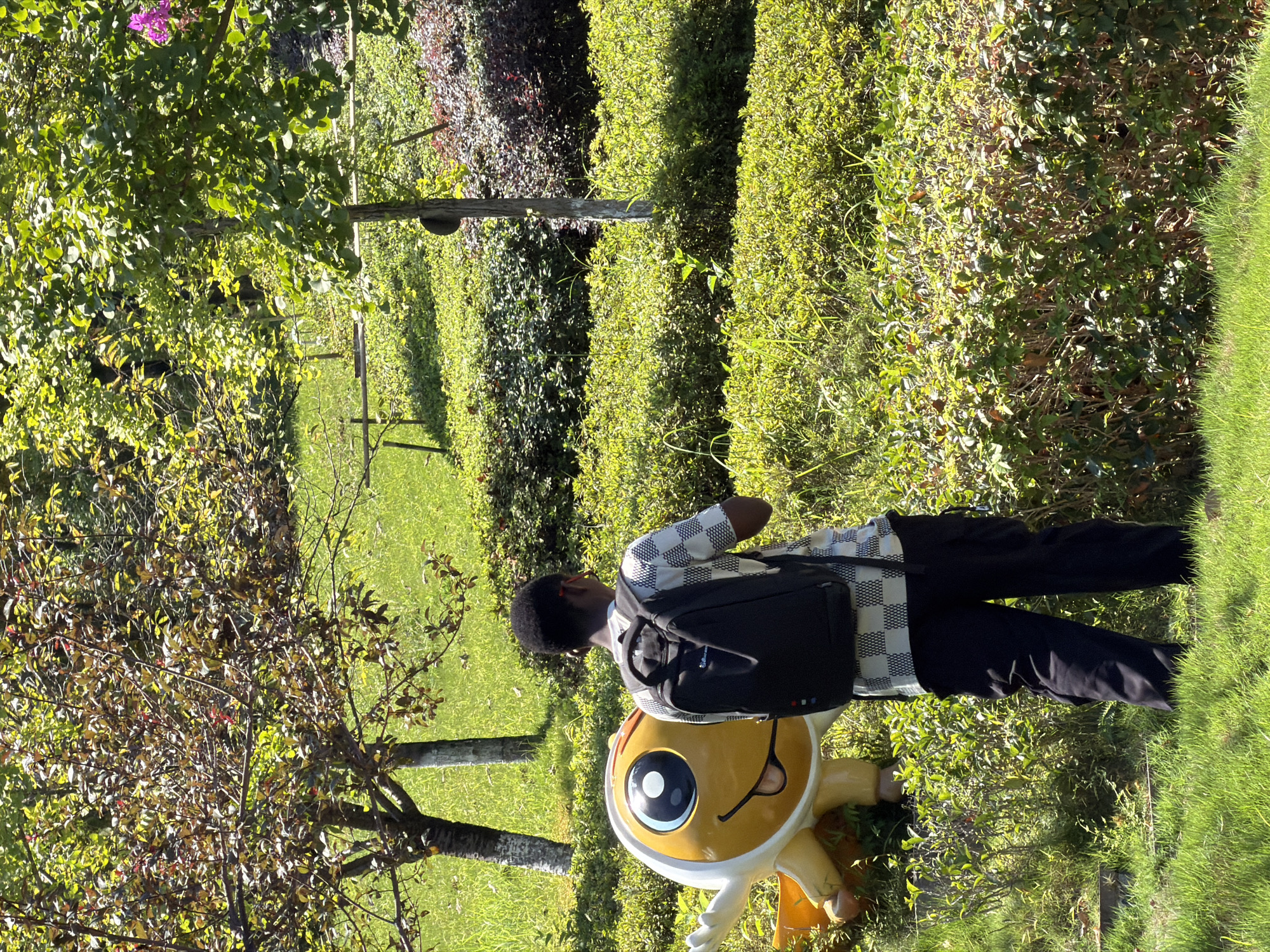 A young Black male wearing a black backpack and a checkered short-sleeved shirt stands on a grassy hill next to a yellow, cartoonish statue of a round creature with large blue eyes. The statue is positioned on the left side of the frame, and the male is facing away from the camera, towards the right. The environment is a park-like setting with lush green grass, various bushes, and trees. Sunlight illuminates the scene, casting shadows. In the background, more trees and bushes are visible, with some foliage showing hints of red and purple. A pink flower is visible on a tree branch in the upper right corner. The ground is uneven, with some sloped sections covered in grass and bushes. The overall impression is that of an outdoor recreational area in a city park.
