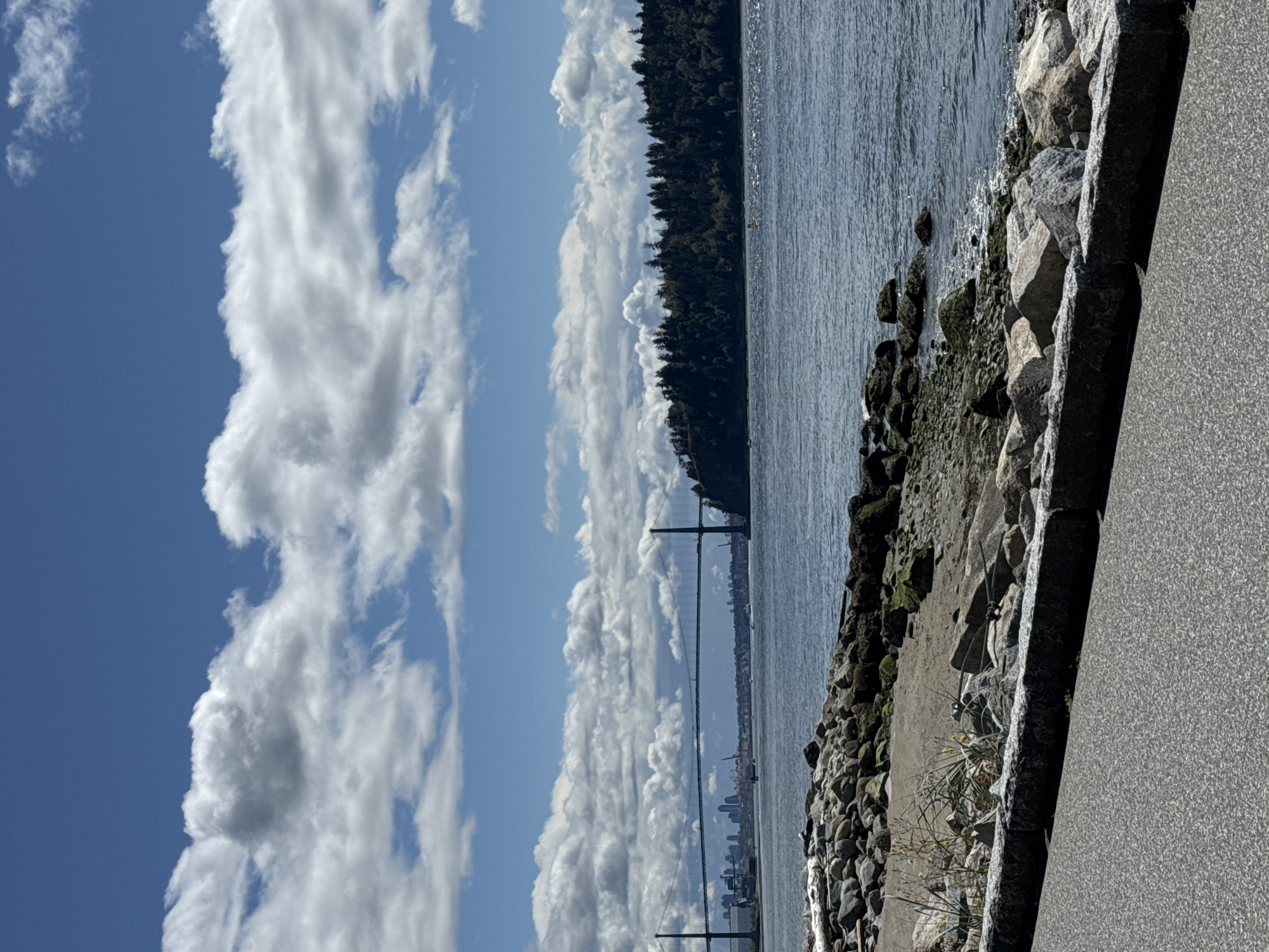 This is an outdoor, eye-level, vertical, medium shot of the Lions Gate Bridge in West Vancouver, Canada. The sky is blue with fluffy white clouds. The water is dark blue and calm with small waves. The foreground is a paved pathway with large grey rocks and a sandy beach on the left. The middle ground features the body of water and the Lions Gate Bridge, a large suspension bridge. In the background, there is a densely forested hill on the right, and a cityscape with buildings and cranes on the left. The lighting suggests it is daytime, likely a sunny day with some clouds. There are no people visible in the image.