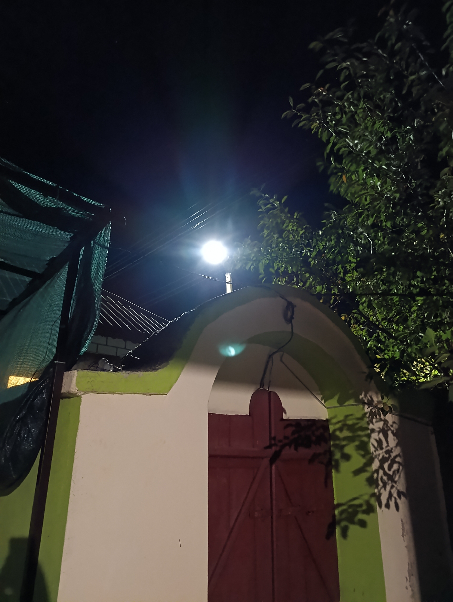 The image depicts an outdoor scene at night, likely in Roghi, Moldova, illuminated by a bright overhead light source, possibly a streetlamp. In the foreground, a portion of a building with a white and green painted facade is visible. A red-colored door or gate is partially seen on the right side of the structure. Above the building, a dark sky is present, with the bright light source creating a lens flare effect. To the left of the building, a green mesh tarp is draped over something unseen. To the right of the building, the branches and leaves of a tree are illuminated by the overhead light, casting shadows on the wall. The overall atmosphere is dimly lit, characteristic of nighttime in a non-urbanized area or a less developed part of a city. There are no people or animals visible in the frame.