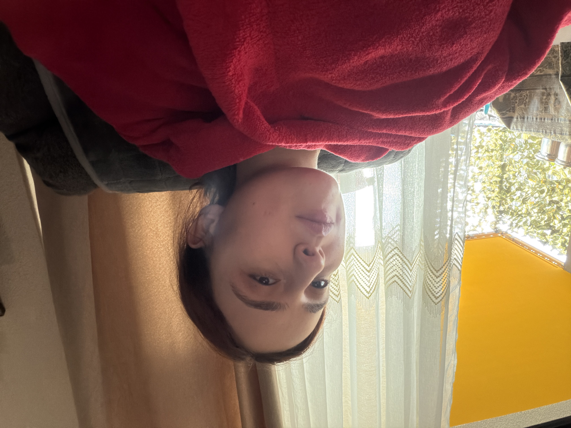 The image displays an individual indoors, looking directly at the camera, likely in Strasbourg, France. The subject, appearing to be a young to middle-aged person with dark hair, is partially covered by a vibrant red, fluffy blanket or garment. Their expression is neutral or slightly contemplative.
The setting appears to be a cozy room, possibly a bedroom or living area, with light streaming in from a large window. To the person's left, a plain tan curtain is visible, while to their right, a sheer white curtain with a decorative zigzag pattern hangs.
Through the window, a bright outdoor scene indicates it is daytime, with ample sunlight. Lush green foliage, likely from trees or bushes, is visible, suggesting a natural environment outside. A prominent, bright yellow surface, possibly a building wall or an awning, adds a striking color element to the outdoor view. The overall lighting is natural and bright, creating a comfortable ambiance. No visible text is present in the image.