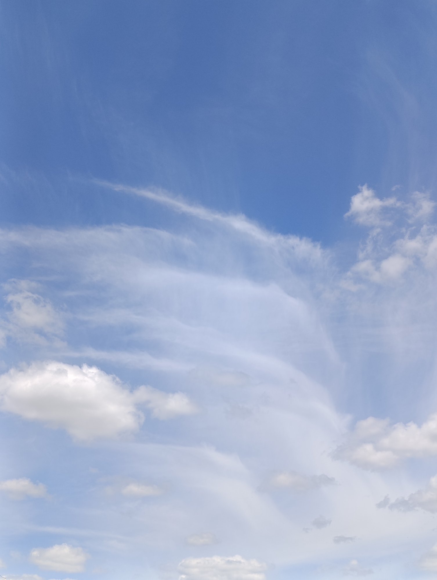 The image displays a bright blue sky with scattered white clouds. The clouds vary in density, with some appearing wispy and thin, while others are more substantial and puffy. The overall lighting suggests it is daytime. The photograph is taken from a low angle looking upwards. There is no indication of the city of Samar, Ukraine, or any specific geographical features or urban elements within the frame. The scene is purely natural, focusing on the sky and cloud formations.