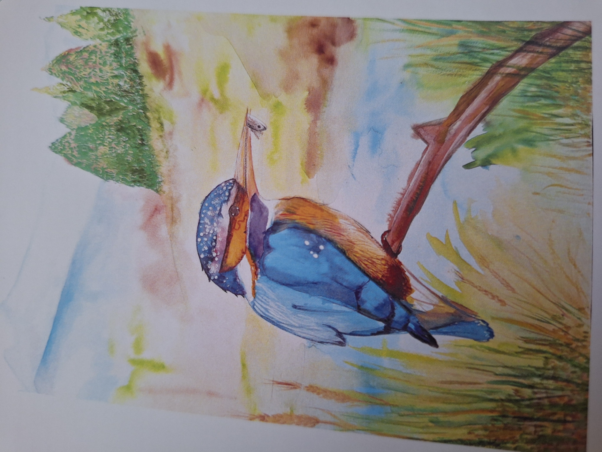 The image is a watercolor painting of a kingfisher bird perched on a branch, holding a small fish in its beak. The bird has vibrant blue and orange plumage and is depicted in profile, facing to the right. The background is a landscape scene with trees in the distance, a body of water, and tall grasses. The style of the painting is impressionistic, with loose brushstrokes and blended colors. There are no people or specific landmarks visible that would indicate a location in Varna, Bulgaria. The scene appears to be a natural habitat for a kingfisher.