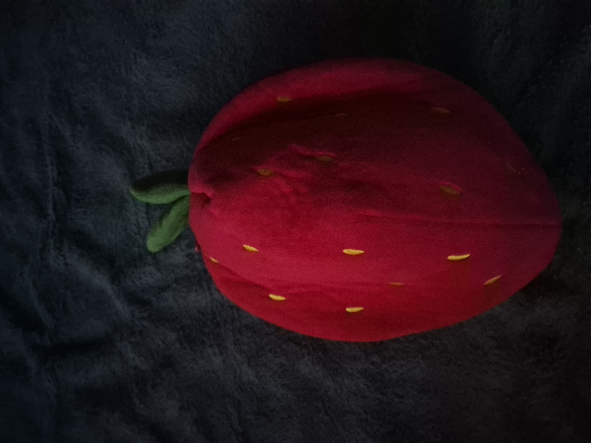 A plush strawberry toy with yellow seeds and green leaves sits on a dark, textured surface. The lighting is dim, casting shadows. There is no indication of the city of Sofia, Bulgaria.