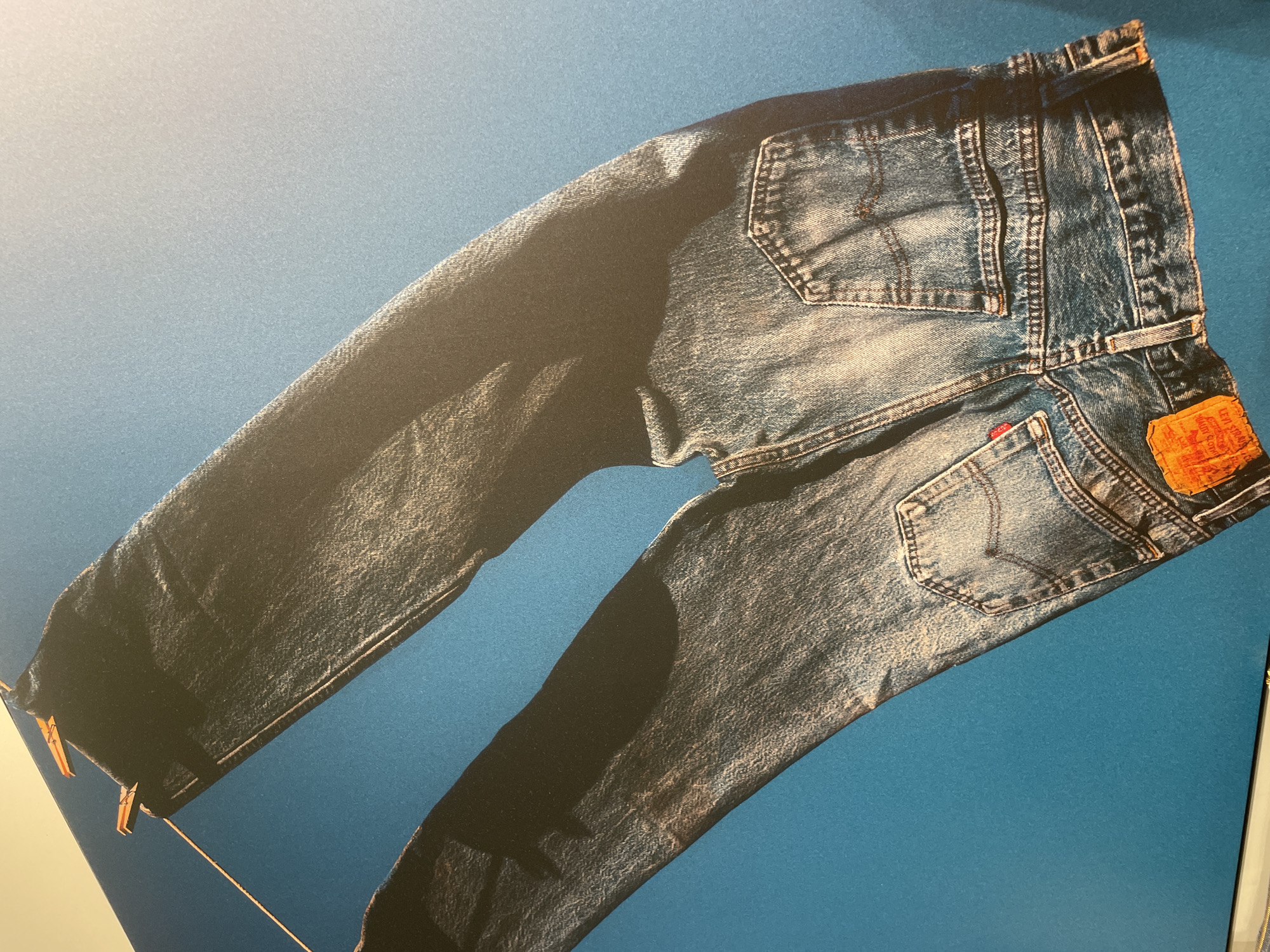 The image depicts a pair of blue jeans hanging by clothespins from a wire against a solid blue background. The jeans are shown from a high angle, with the waistband and upper legs visible. The fabric of the jeans is textured and appears worn, with visible seams and pockets. A small red tag is attached to the back pocket, and a larger orange tag with text is also visible near the bottom. The lighting creates shadows on the jeans, emphasizing the folds and contours of the fabric. There are no people visible in the image. The environment is minimalistic, focusing solely on the jeans and their presentation. The photograph's composition and the clean blue background suggest an artistic or commercial presentation of the garment. There is no identifiable information in the image that would place it in the city of Sofia, Bulgaria.