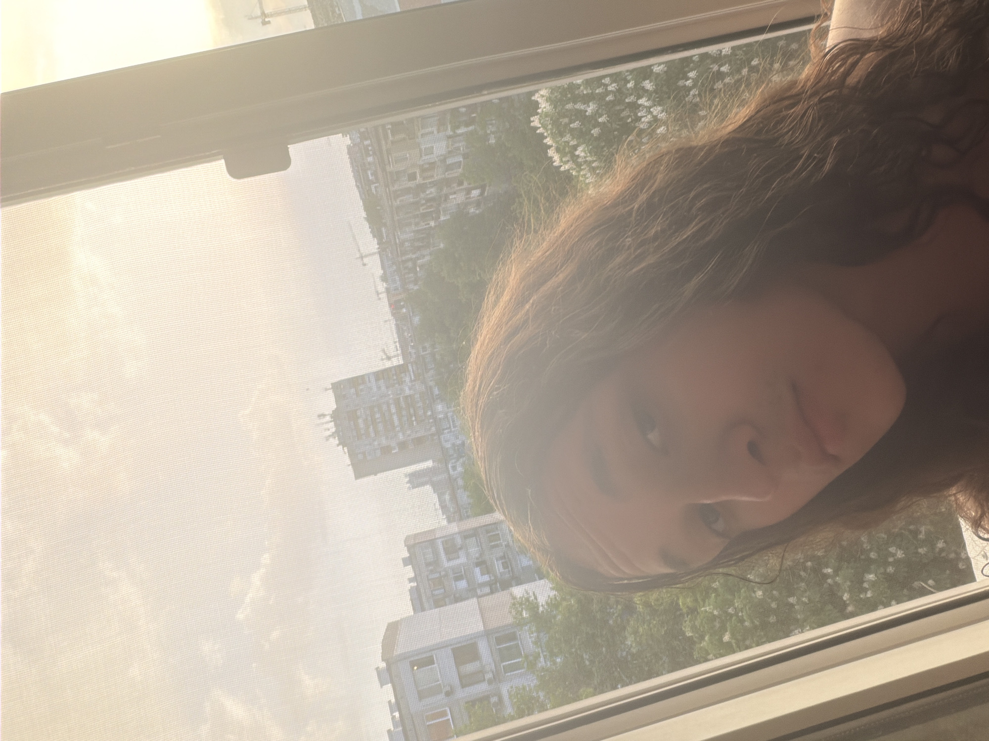 A photograph taken indoors, likely from an upper floor of a building, shows a partial view of a person with curly brown hair and a portion of their face. The person is positioned near a window. Through the window screen, an urban landscape of Plovdiv, Bulgaria, is visible. Buildings of varying heights and designs are present, along with trees. A construction crane is also visible in the distance. The overall lighting suggests it is daytime, with a bright, diffused light filtering through the screen.