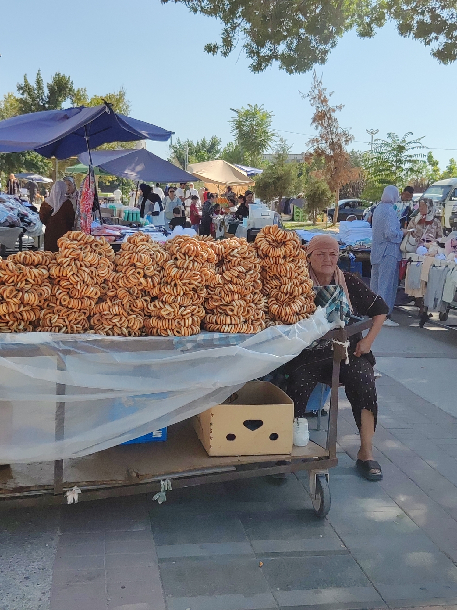 The image depicts an outdoor market scene in Tashkent, Uzbekistan, on a sunny day. In the foreground, a woman with a headscarf sits behind a cart laden with numerous rings of dried bread. She wears a dark polka-dotted outfit and black sandals. The cart is covered with a translucent plastic sheet. Behind the cart, stalls with blue and tan awnings are visible, displaying goods such as clothing and food items. Several people, including women in headscarves and men, are browsing or working at the market. Trees with green foliage line the background, and the ground is paved with stone tiles. The overall atmosphere is that of a bustling local marketplace.