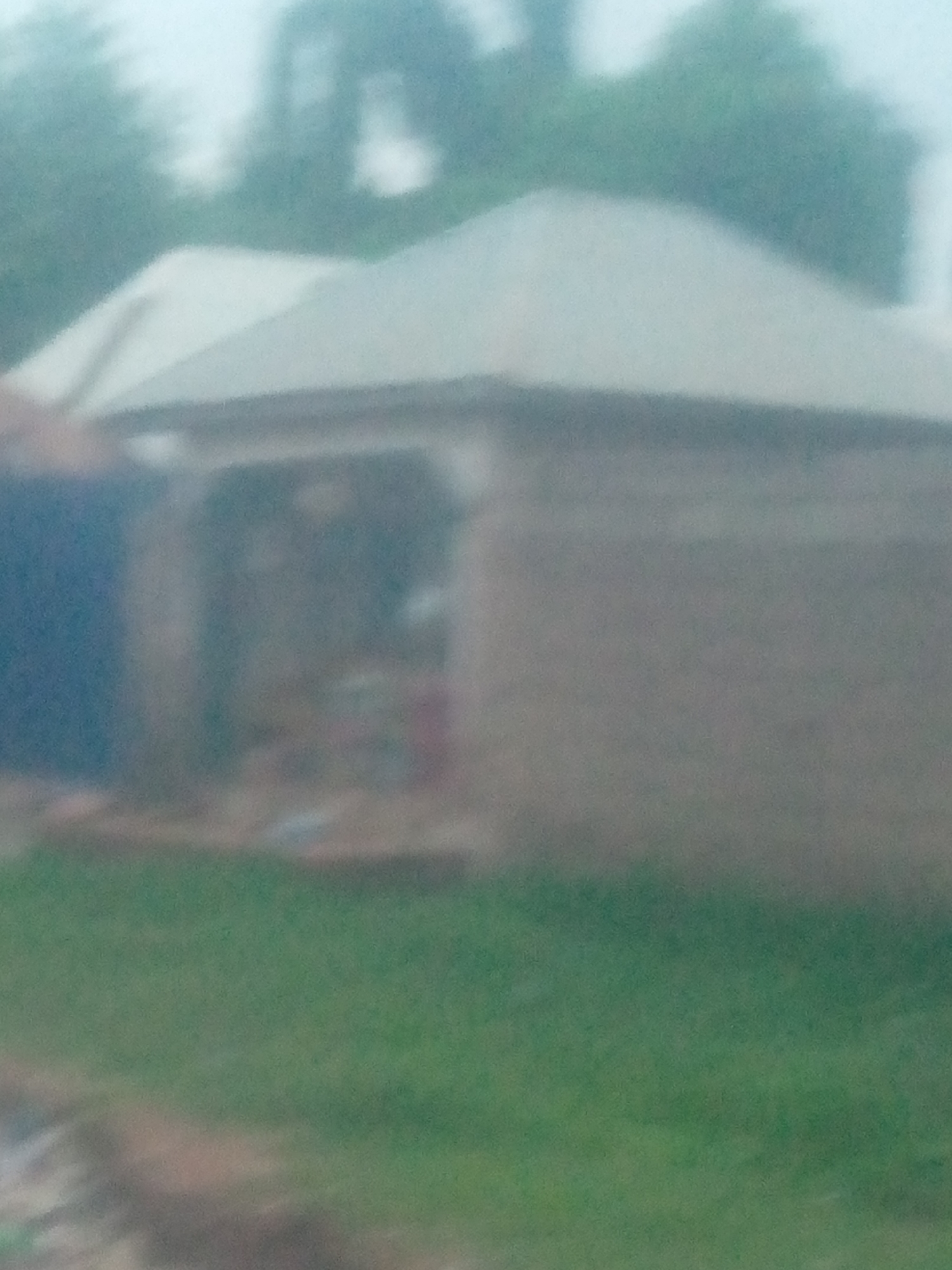 The image shows a blurry, out-of-focus view of a structure with a light-colored, peaked roof. The structure appears to be a building, possibly a home or a communal building, with visible walls that are a dull, earthy tone. To the left of the main structure, a dark blue, cylindrical object, likely a water tank or barrel, is partially visible. The foreground is dominated by a blurry green area, suggestive of grass or vegetation, with some indistinct brown areas that could be dirt paths or bare ground. In the background, out-of-focus trees and foliage are visible, suggesting an outdoor setting. The overall lighting is diffused, and the blurriness makes it difficult to discern specific details or activities. The scene is likely outdoors, in a rural or semi-rural environment, given the presence of the building, vegetation, and water storage. The time of day is unclear due to the overall lighting conditions, which could be overcast or dusk. There is no visible text in the image.