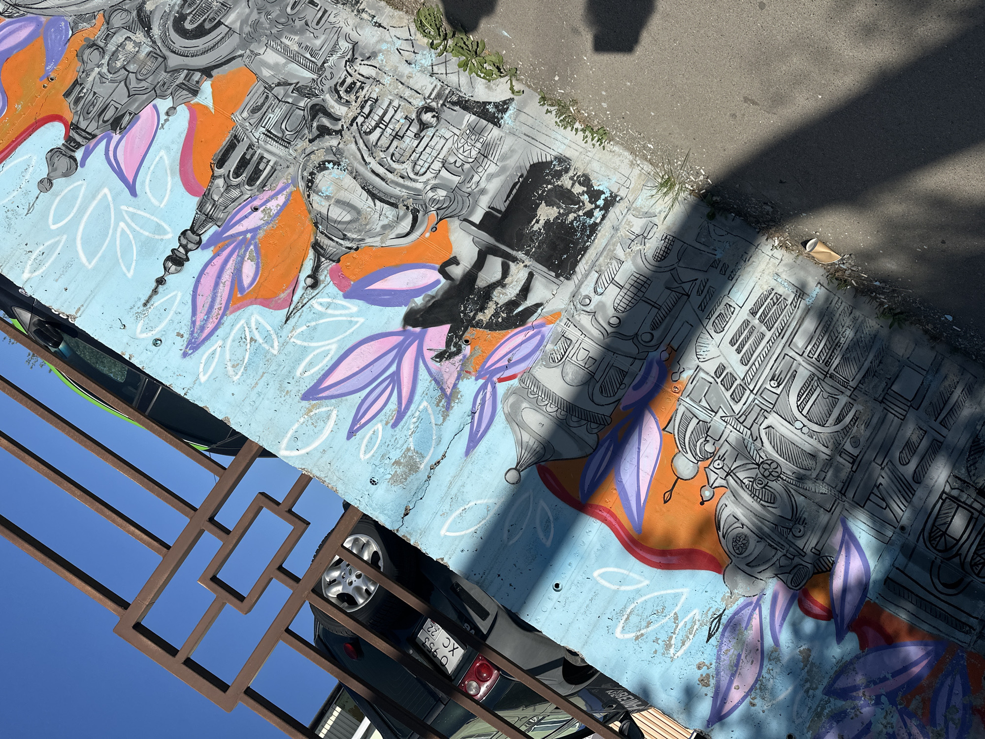 This is a medium-angle, exterior shot of a graffiti-covered concrete wall, likely located in Biysk, Russia, under a clear blue sky. The graffiti depicts stylized architectural elements resembling Russian Orthodox churches with domes and spires, rendered in black and white sketch lines. Vibrant orange and purple leaf-like shapes are interspersed throughout the mural. In the upper portion of the image, a dark-colored SUV with a Russian license plate is partially visible, parked behind a brown metal railing. The railing is a decorative, geometric structure. The foreground shows a section of an asphalt path, with shadows cast across it, and some small weeds growing at the base of the wall. A crumpled paper cup lies on the ground near the wall. The overall scene suggests an urban environment with elements of art and everyday life.