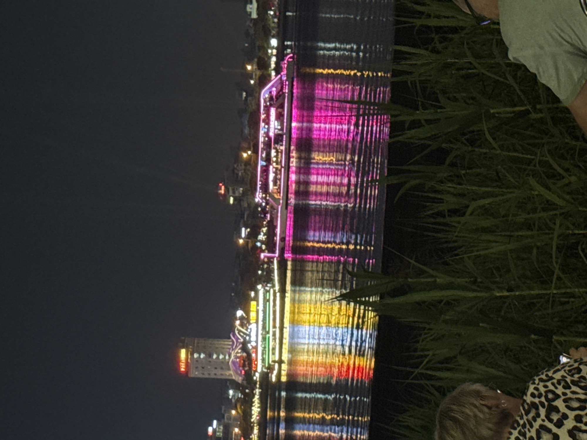 At night, a body of water reflects the lights of buildings and structures along the shore. A multi-story building and a boat with pink lights can be seen. Grass blades are visible in the foreground. Two individuals are partially visible in the foreground, one wearing a green shirt and the other wearing a leopard-print shirt. Based on the architecture and landscape, the location is likely the city of Đà Nẵng, Vietnam.