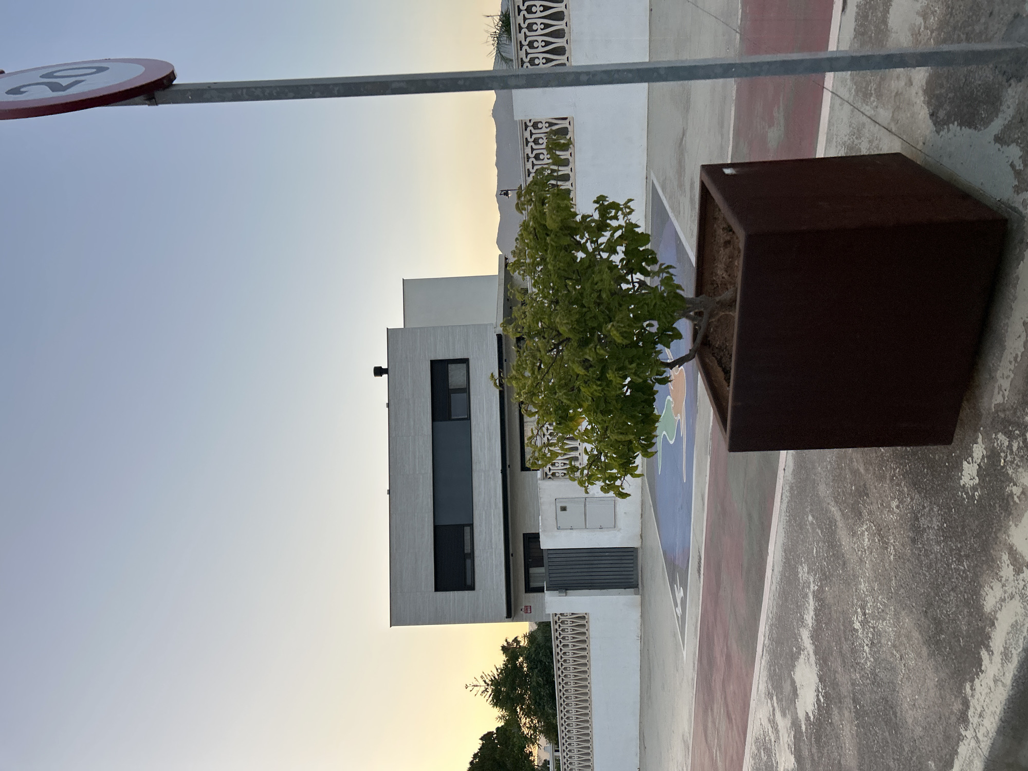 The image depicts a residential scene in Grao, Spain, during twilight. In the foreground, a square, dark brown planter contains a small, leafy green tree. To the right, a metal pole supporting a circular speed limit sign (indicated by the number "20") stands vertically, partially obscuring the sky. Behind the tree and planter, a modern, two-story white house with dark-rimmed windows is visible. The house is bordered by a white decorative fence. Adjacent to the house, a gray metal gate is present. The ground in front of the house appears to be a court with colorful markings, possibly a playground or sports area. The sky transitions from a pale yellow near the horizon to a light blue at the top, suggesting either sunrise or sunset. The overall environment appears to be a quiet, suburban setting.