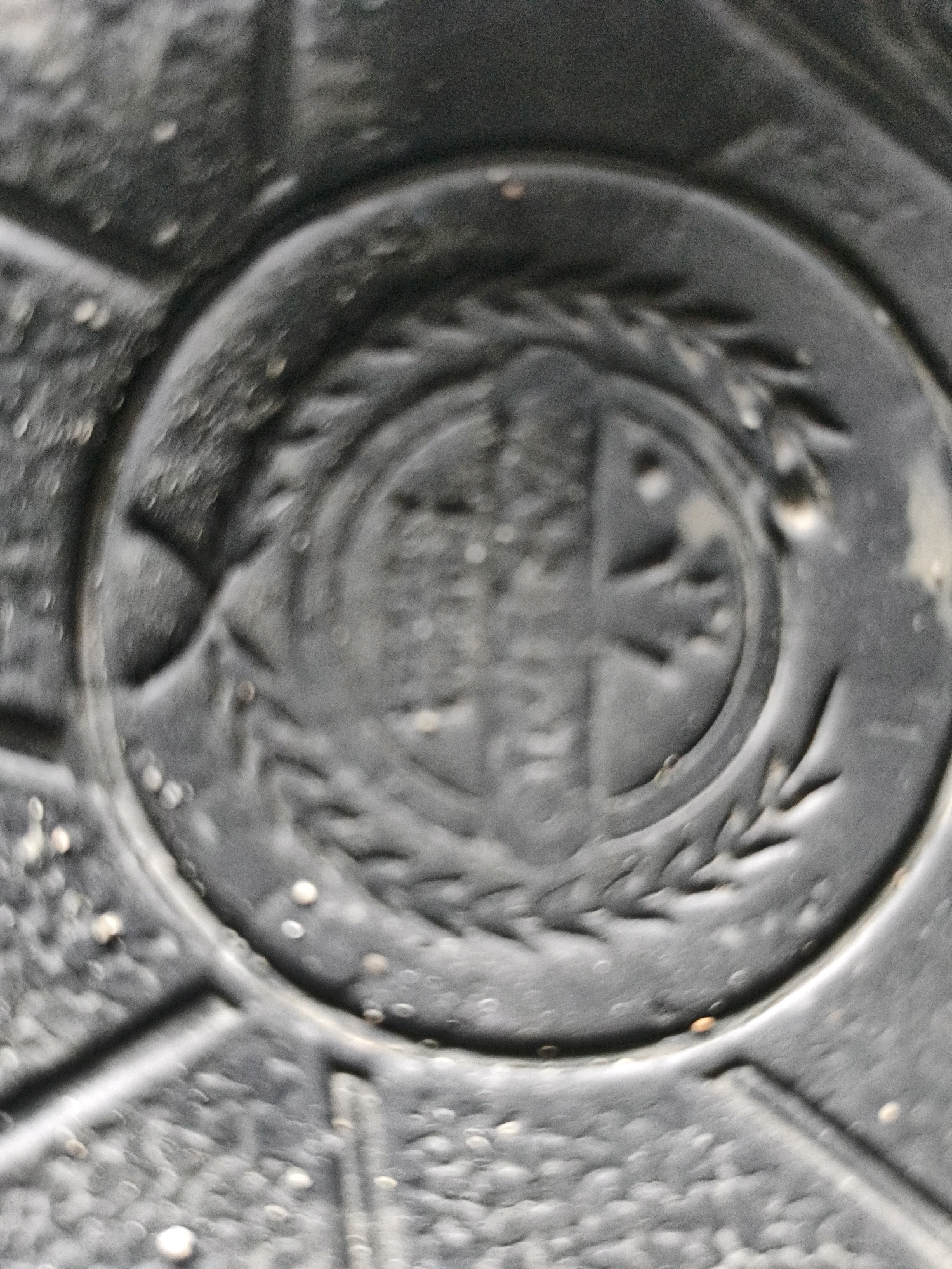 The image is a close-up, high-angle shot of the sole of a shoe, likely taken on the ground. The sole is made of dark, textured rubber and features a circular embossed logo. The logo appears to be a stylized crest or emblem with intricate detailing, surrounded by what looks like a laurel wreath. The overall impression is that the shoe has been worn, as evidenced by the slight wear on the sole and the presence of some small debris, possibly dirt or grit, scattered across the surface. The lighting suggests an outdoor environment, possibly a paved surface given the texture of the surrounding sole. The image is blurry, making precise identification of the logo difficult. The specific location within Sukasejati, Indonesia, cannot be determined from the image alone.