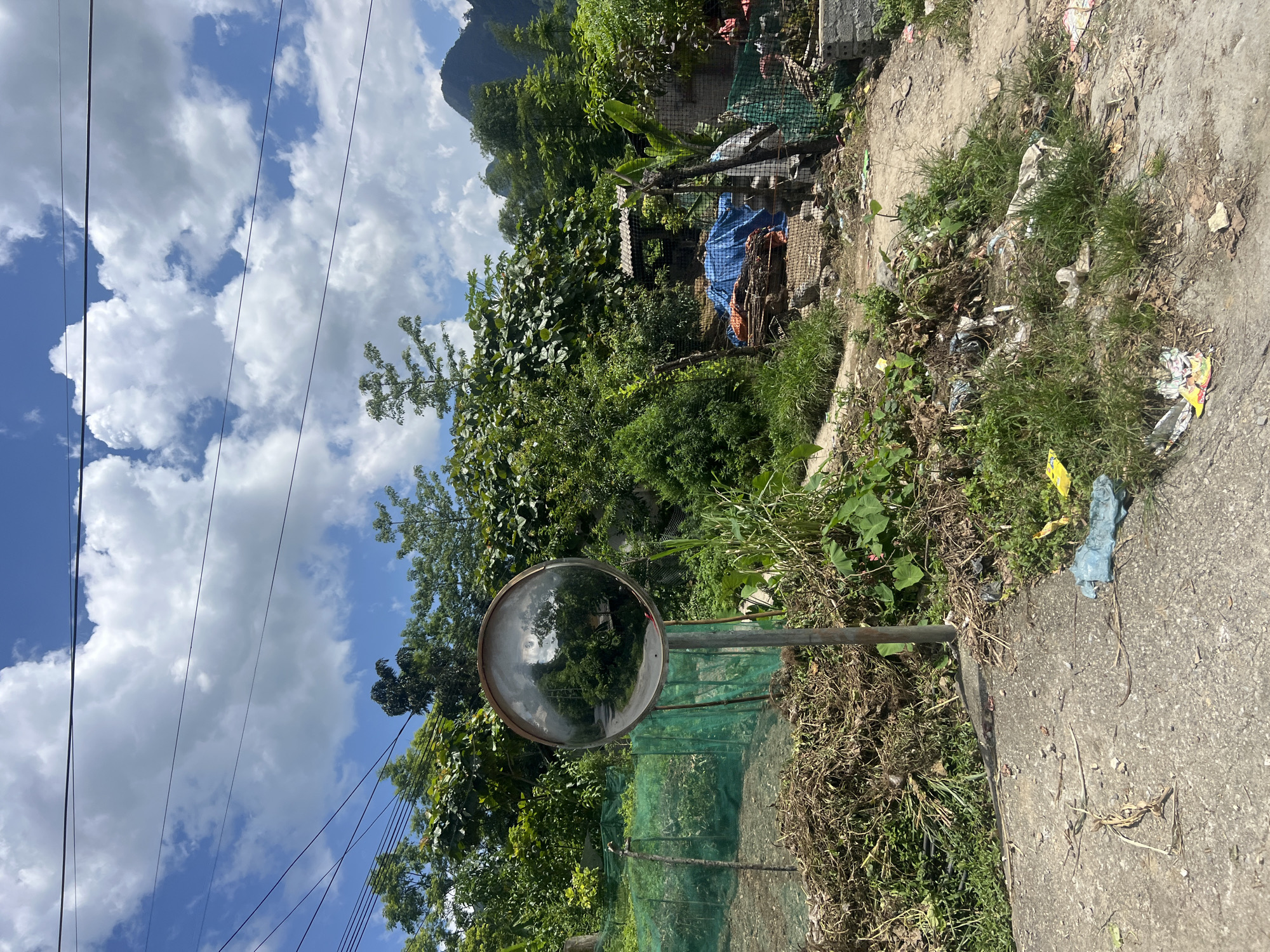 The image depicts a rural roadside scene in Lùng Tám Commune, Vietnam. In the foreground, a convex traffic mirror on a metal pole is positioned on the left side of a dirt and asphalt road. The mirror reflects a portion of the cloudy sky and the surrounding lush vegetation. The road itself is somewhat unkempt, with debris, including plastic bags and dried leaves, scattered along its edge and in the grassy areas beside it.
To the left of the road, a pile of dried organic material, possibly garden waste, is visible, along with a green mesh fence and some vegetation. Further back, dense green foliage and trees dominate the landscape. On the right side of the road, there appears to be a small building or structure with a corrugated roof, partially obscured by trees and vegetation. Piles of materials, including blue tarpaulins, are stacked near the structure, suggesting ongoing construction or storage. In the background, a lush, mountainous landscape rises under a bright blue sky dotted with fluffy white clouds. The overall impression is one of a rural environment, possibly in a developing area, with a mix of natural beauty and signs of human activity and its associated detritus.