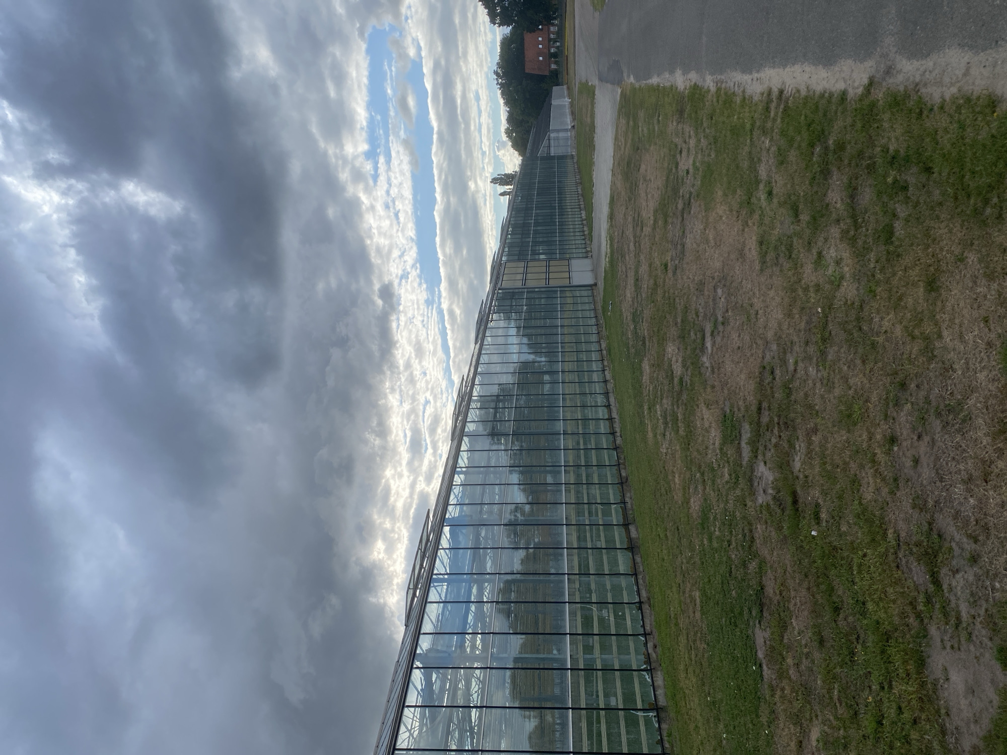 The image shows a large commercial greenhouse with a glass roof and walls, situated in an outdoor environment. The greenhouse extends horizontally across the frame, with its reflective glass surfaces mirroring the cloudy sky and surrounding trees. In the background, to the right, a red-tiled roof house with white trim is visible amongst a cluster of trees. A paved pathway runs alongside the greenhouse on the right side of the image, bordered by dry, patchy grass. The sky is filled with dramatic, heavy gray clouds interspersed with patches of brighter sky. The overall scene depicts a rural or semi-rural setting, likely a horticultural facility.