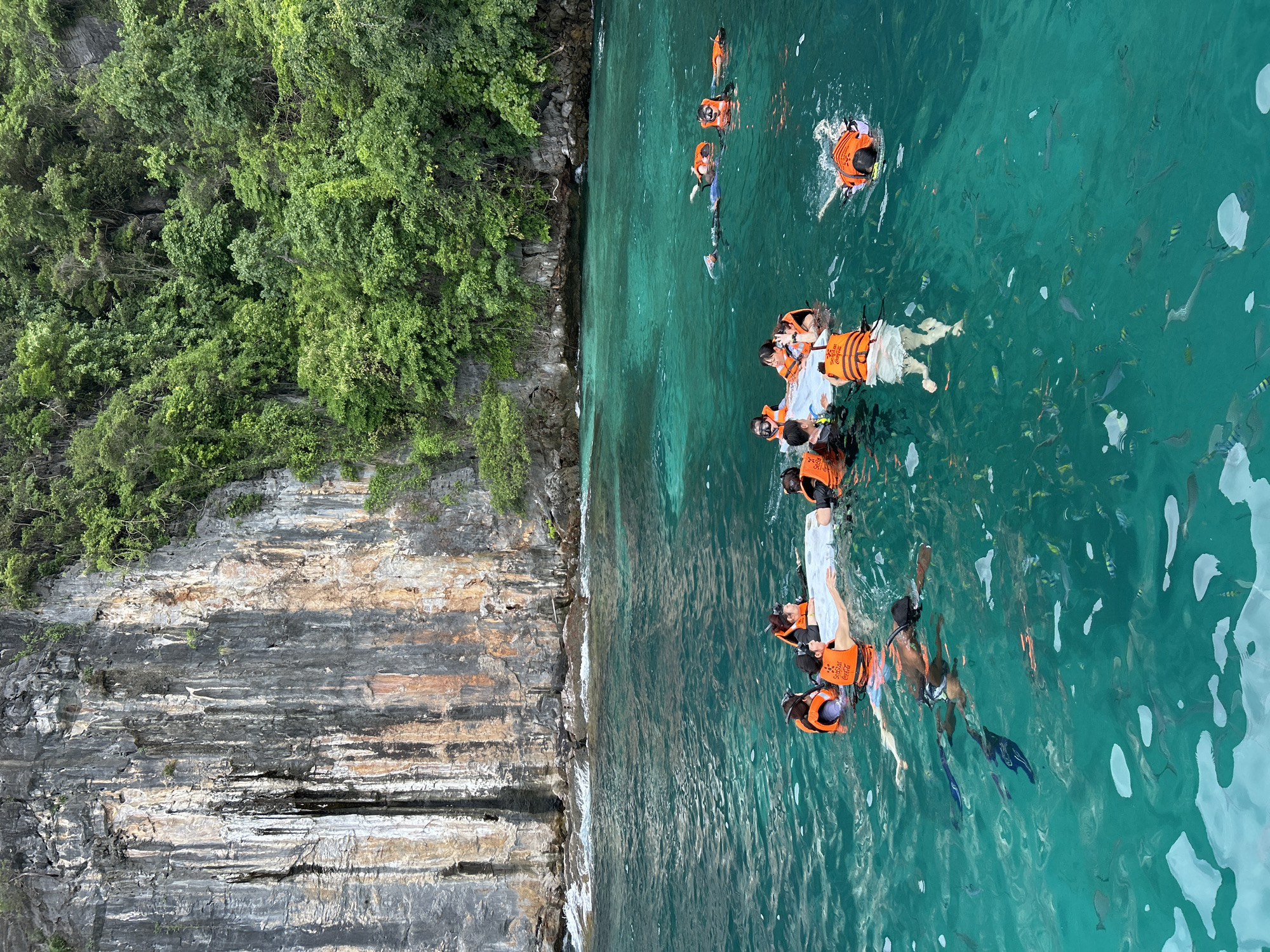 A group of tourists wearing orange life vests and snorkeling gear are in the clear turquoise waters of Ao Nang, Thailand. They are gathered around a white floating mat, with some people holding onto it and others swimming. Several individuals are snorkeling with masks and snorkels. The water is teeming with small, colorful fish. In the background, a large, rocky cliff face covered in lush green vegetation rises from the sea. The scene captures a recreational activity in a scenic coastal environment.