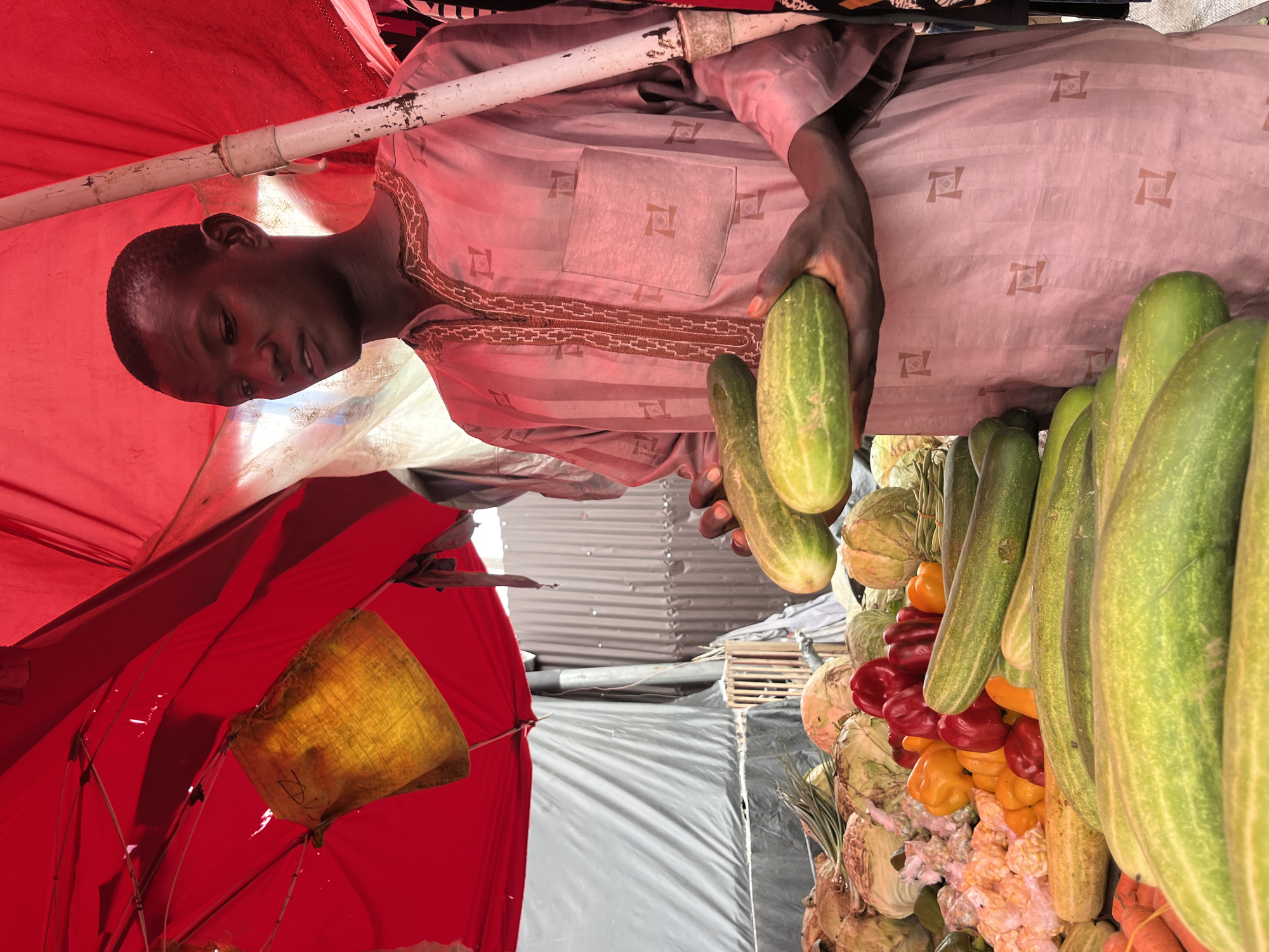 The scene is a close-up shot under a red sunshade, likely at a market in Ado, Nigeria. A dark-skinned man is visible, wearing a striped, pink-toned garment with embroidered details along the neckline and carrying two cucumbers in his left hand. A variety of produce are hanging or stacked beside him, including numerous cucumbers, red and orange bell peppers, cabbages, and what appear to be cleaned shrimps or prawns. The background shows a corrugated iron sheet wall.