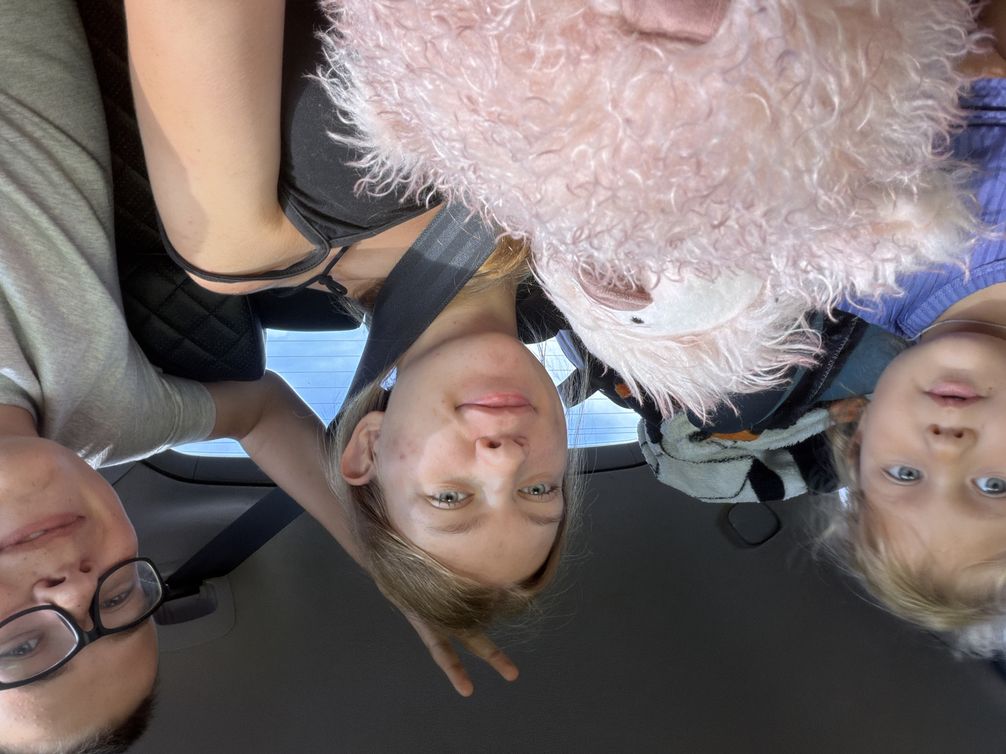 Three children are in the back seat of a car. On the left is a young girl with blond hair and blue eyes, wearing a purple t-shirt. In the center is a teenage girl with blond hair and blue eyes, wearing a black tank top. She is holding a pink fluffy stuffed animal. On the right is a teenage boy with short brown hair and glasses, wearing a gray t-shirt. He is smiling and holding up two fingers. The background is the interior of a car, with seatbelts and car seats visible. The lighting suggests it is daytime. The location is in the city of Novoye Mavrino, Russia.