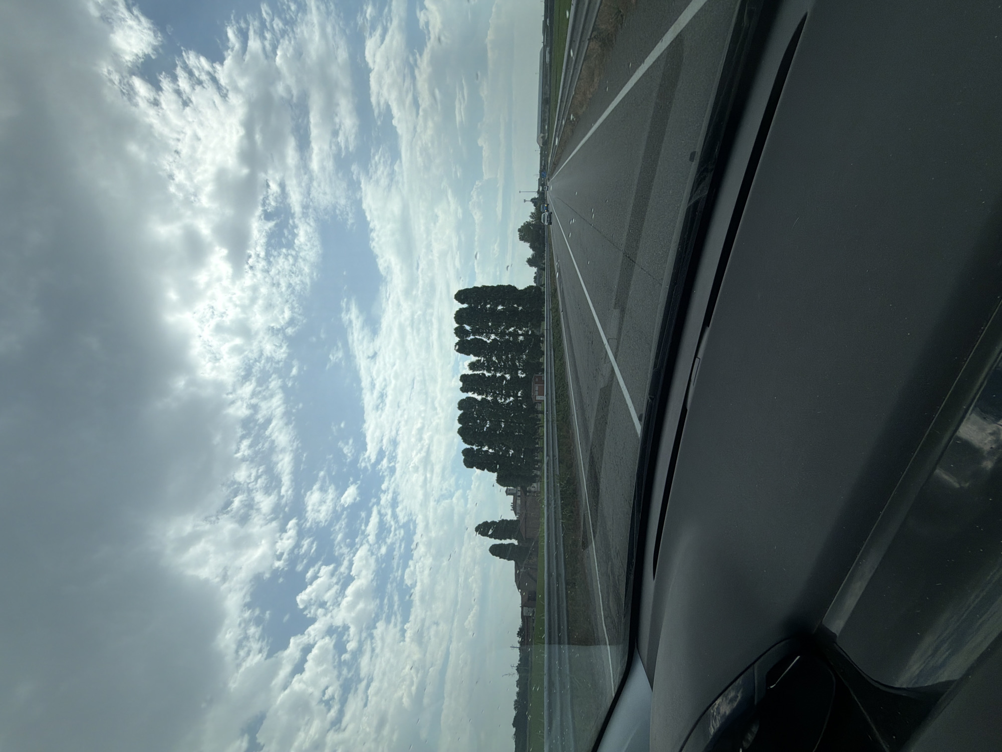 The image shows a view from inside a car, looking out at a highway. The car's dashboard is visible in the foreground on the right side. The highway stretches into the distance, with a guardrail on the right and a white line marking the lanes. Trees and buildings are visible along the side of the road. The sky is filled with clouds, suggesting it might be daytime with some overcast conditions. The image is oriented vertically, with the sky occupying the left side and the road extending upwards on the right. The overall scene depicts travel on a highway in a rural or semi-rural setting, likely in Novara, Italy, given the context. There are no people visible in the image.