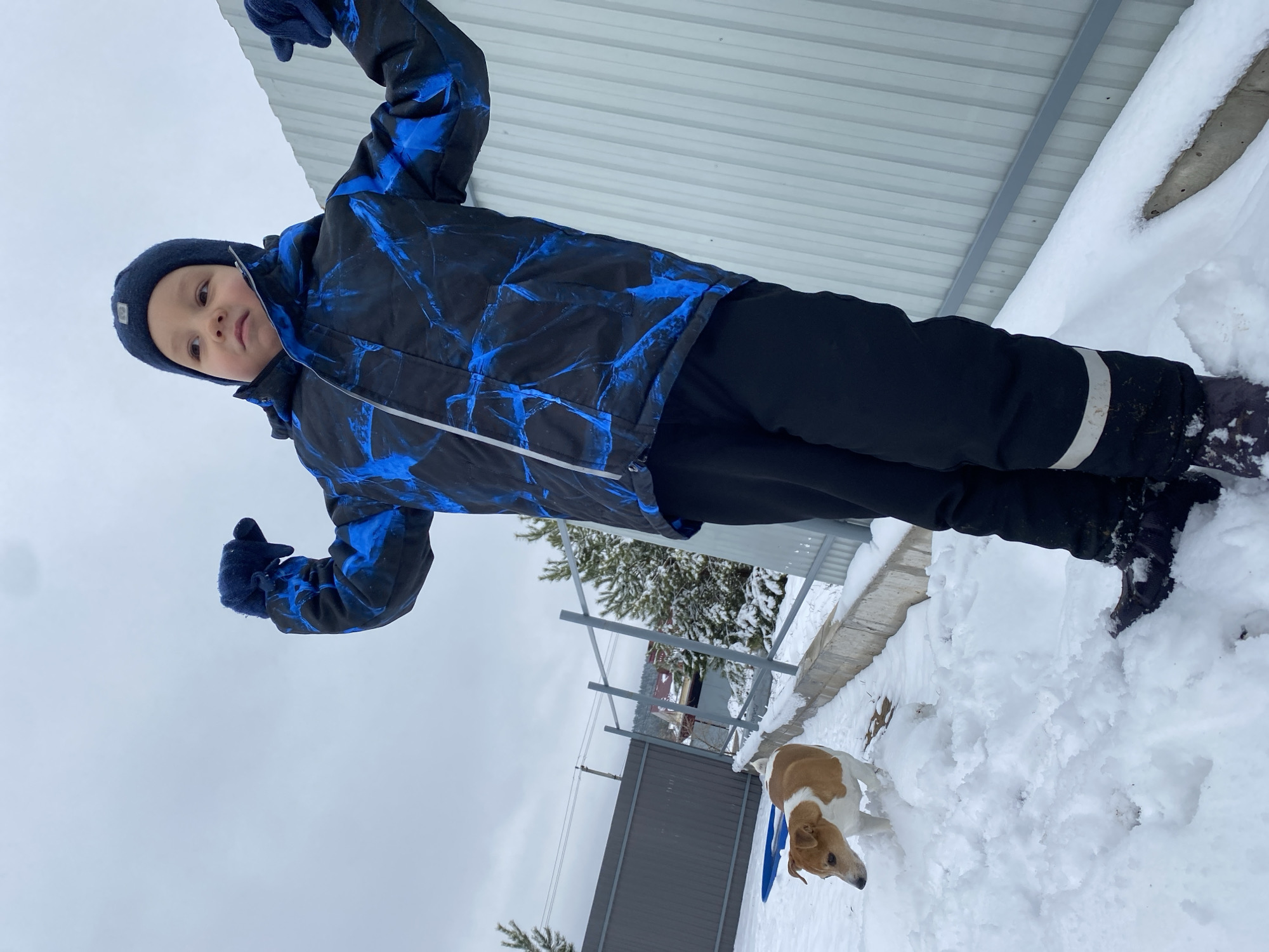 A child in a blue and black winter jacket, black pants, a dark blue hat, and blue gloves stands near a snow-covered area. A dog is visible in the snow. A metal fence and structure can be seen in the background. The photograph was taken in the city of Chaikovsky, Russia.