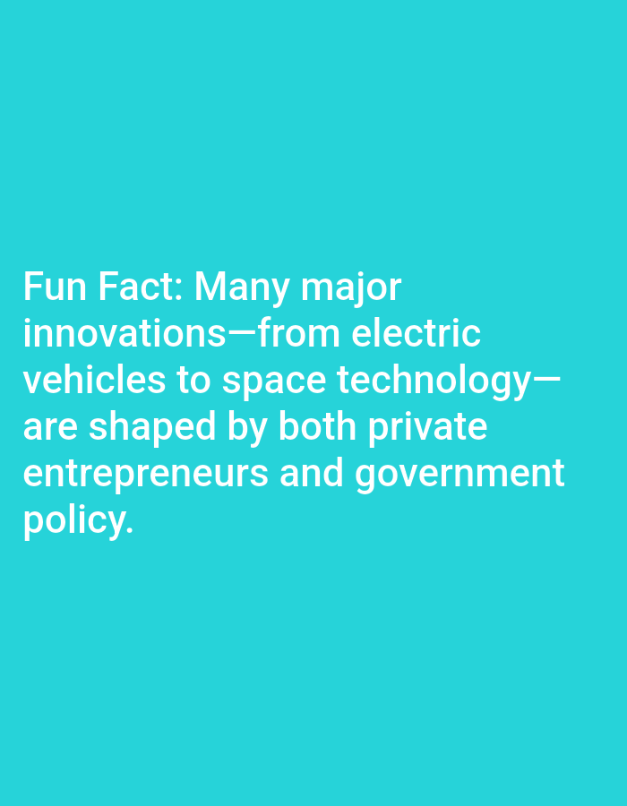 The image contains text against a teal background. The text reads "Fun Fact: Many major innovations-from electric vehicles to space technology-are shaped by both private entrepreneurs and government policy." There are no people, objects, or actions depicted in the image, and it does not contain any information about the city of Lagos, Nigeria.