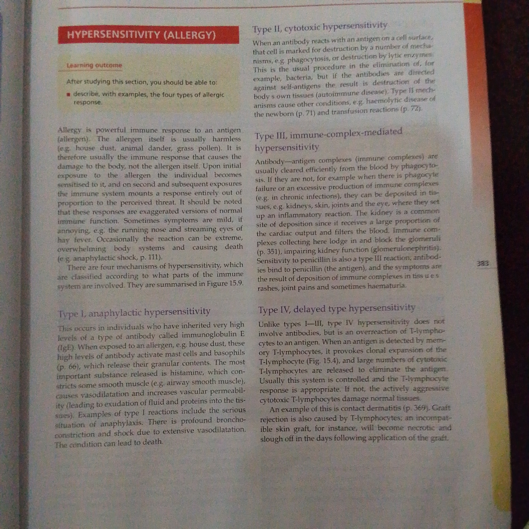 The image shows a page from a textbook discussing hypersensitivity, specifically allergies. The text is divided into sections covering different types of hypersensitivity: Type II (cytotoxic), Type III (immune-complex-mediated), Type I (anaphylactic), and Type IV (delayed type). There is also a "Learning outcome" section. The page has a light background with dark text and some red headings. There is a page number "383" visible on the right side. The image does not contain any elements that would allow for the description of a location in Jalingo, Nigeria, or any forensic details.