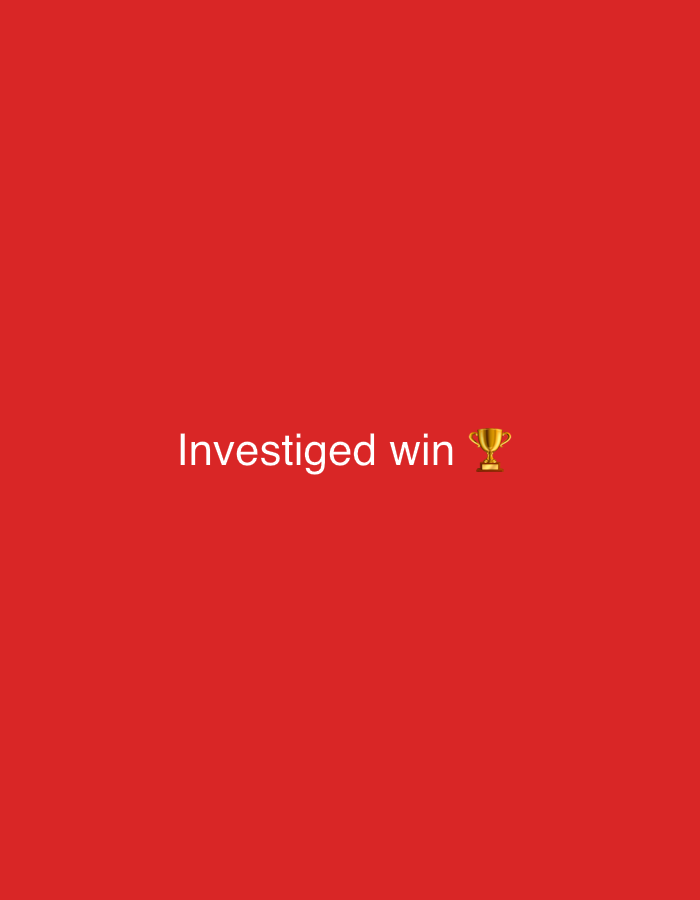 The image is a flat, graphic design with a solid red background. Centered horizontally and vertically in the image are the words "Investiged win" in white, sans-serif text. To the right of the text, there is a golden trophy emoji. There are no people, animals, or any other objects present in the image. The setting is not identifiable as a specific city or location.
