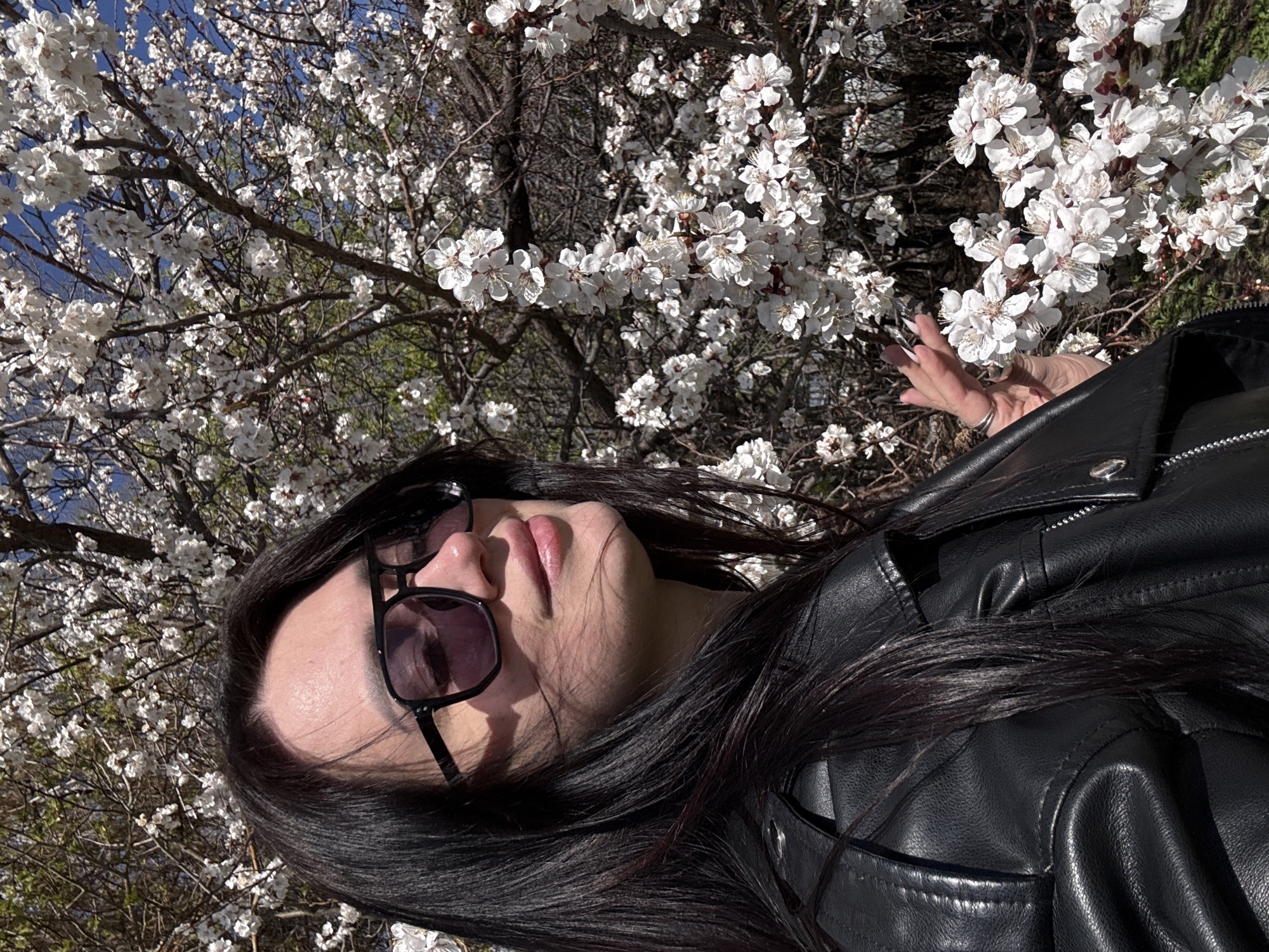 A medium shot captures a person with long, dark hair wearing sunglasses and a black leather jacket. They are positioned amidst a backdrop of white blossoms on tree branches. The setting appears to be outdoors during daylight hours, with a glimpse of a blue sky visible through the blossoms. The location is identified as Unknown, Unknown. The person's hand is slightly raised, possibly interacting with the flowers.