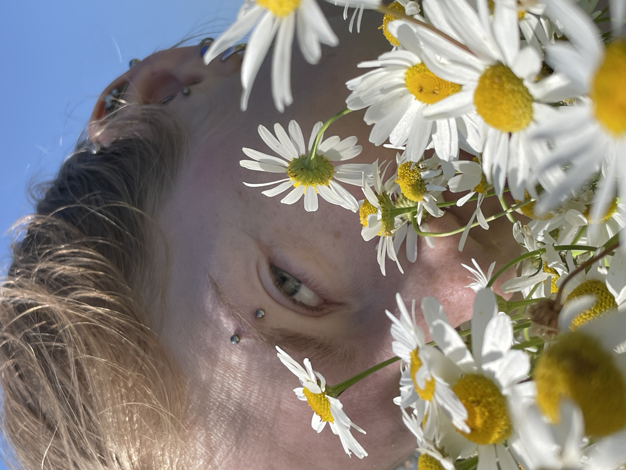 A close-up shot captures a person's face partially obscured by a cluster of white daisies with yellow centers. The person has fair skin with a scattering of freckles, and their left eye, a shade of green, is visible. Two silver eyebrow piercings are present. Their hair, a light blonde color, is messy and windswept. Multiple silver piercings adorn their ear, which is also visible. The background is a clear, bright blue sky. The overall impression is one of natural light and a focus on the textures of skin and petals, with an implied outdoor setting. The image does not contain any information about the city of Сям-Можга, Russia.