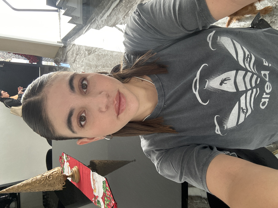 A woman is taking a selfie indoors. She has light brown hair pulled back, brown eyes, and fair skin. She wears a grey t-shirt with a white design. A black table is visible in the foreground with a holiday decoration on it. In the background, a woman sits near a draped wall. Natural light streams in from a window, casting shadows across the scene. A staircase is also visible.