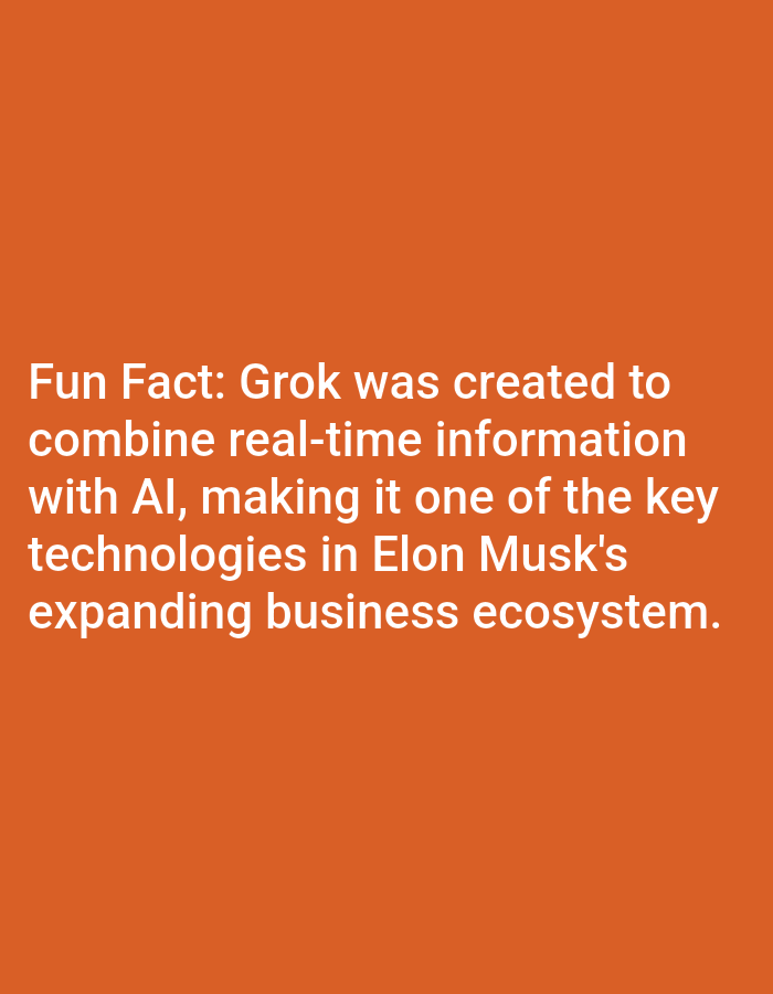 The image displays a white text overlay on an orange background. The text reads: "Fun Fact: Grok was created to combine real-time information with AI, making it one of the key technologies in Elon Musk's expanding business ecosystem." There is no discernible location in the city of Lagos, Nigeria, nor are there any people, subjects, objects, or actions depicted in the image.