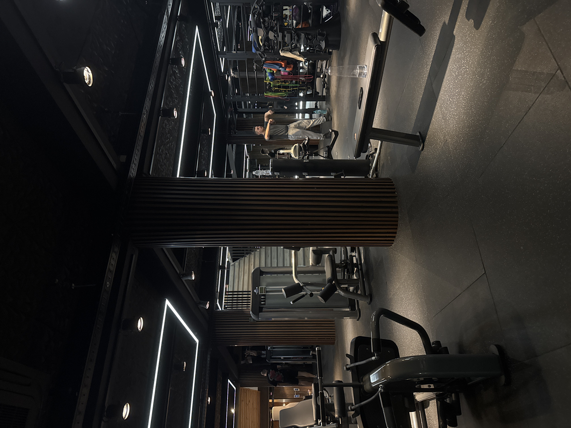The image depicts the interior of a gym, potentially located in Sofia, Bulgaria, although there is no explicit evidence to confirm this location. The space is dimly lit, primarily illuminated by accent lighting, including linear LED fixtures recessed into the ceiling and spotlights. The gym appears to be well-equipped with various weight machines and exercise equipment.
A man is visible in the middle ground, engaged in an exercise. He is dressed in a dark t-shirt and light-colored pants, and is positioned near a weight machine. A water bottle is seen on the equipment near him.
The foreground features various pieces of gym equipment, including weight machines, positioned on a dark, possibly rubberized, floor. The architecture of the gym includes a column with horizontal wood-like paneling. The overall atmosphere suggests a modern and sophisticated gym environment.