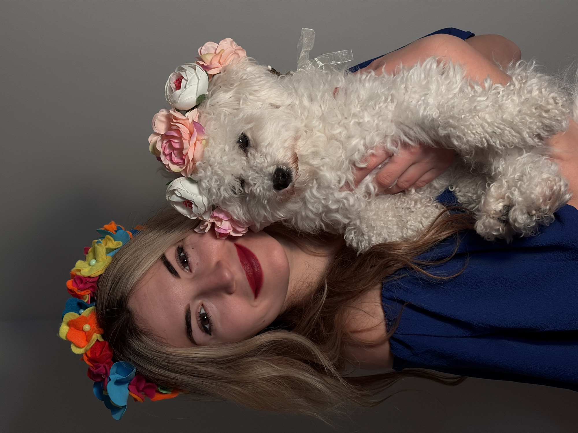 The image captures a young woman holding a small, fluffy white dog against a plain gray background. The woman is positioned with her head slightly tilted and looking towards the camera, while the dog is held close to her, its head resting near hers.
The woman has long, light blonde hair and is wearing a vibrant flower crown featuring a variety of colorful fabric flowers in shades of red, orange, yellow, blue, and green. She has prominent dark eyebrows, dark eyeliner, and is wearing dark red lipstick, with a subtle smile on her face. Her attire consists of a dark blue top or dress with a textured fabric. Her hands are visible, gently supporting the dog.
The dog is a small, curly-haired breed, possibly a Bichon Frise or Poodle, with thick white fur, black eyes, and a black nose. It is also wearing a flower crown, but its crown features softer, pastel-colored flowers in pink and white, with a sheer white ribbon visible. The dog appears calm and is looking towards the camera.
The interaction between the woman and the dog appears affectionate and playful, with both subjects seemingly posing for the camera. The plain gray background suggests an indoor setting, possibly a studio or a simple wall, which puts full focus on the subjects. The matching yet distinct flower crowns indicate a deliberate, themed aesthetic. There is no visible text in the image.