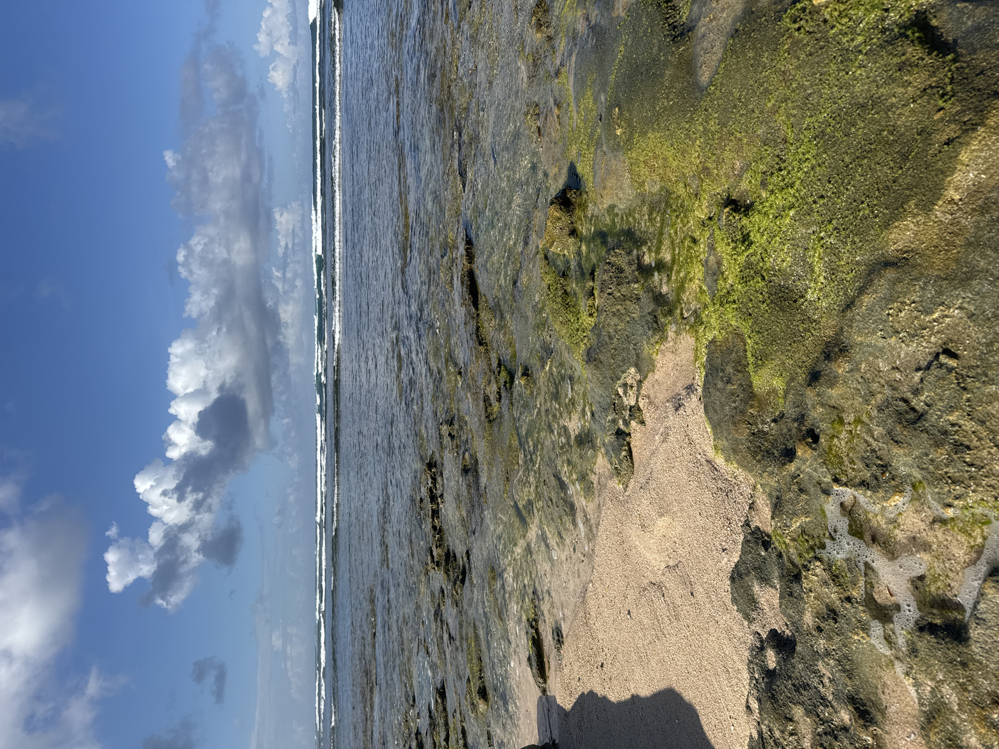 The image shows a coastal scene in Kuta Selatan, Indonesia. The foreground features a rocky shoreline covered in green algae and interspersed with patches of sand. Shallow, clear water extends from the shoreline towards the ocean. Small waves are visible in the distance. The sky is blue with scattered white clouds. There are no people visible in the scene.