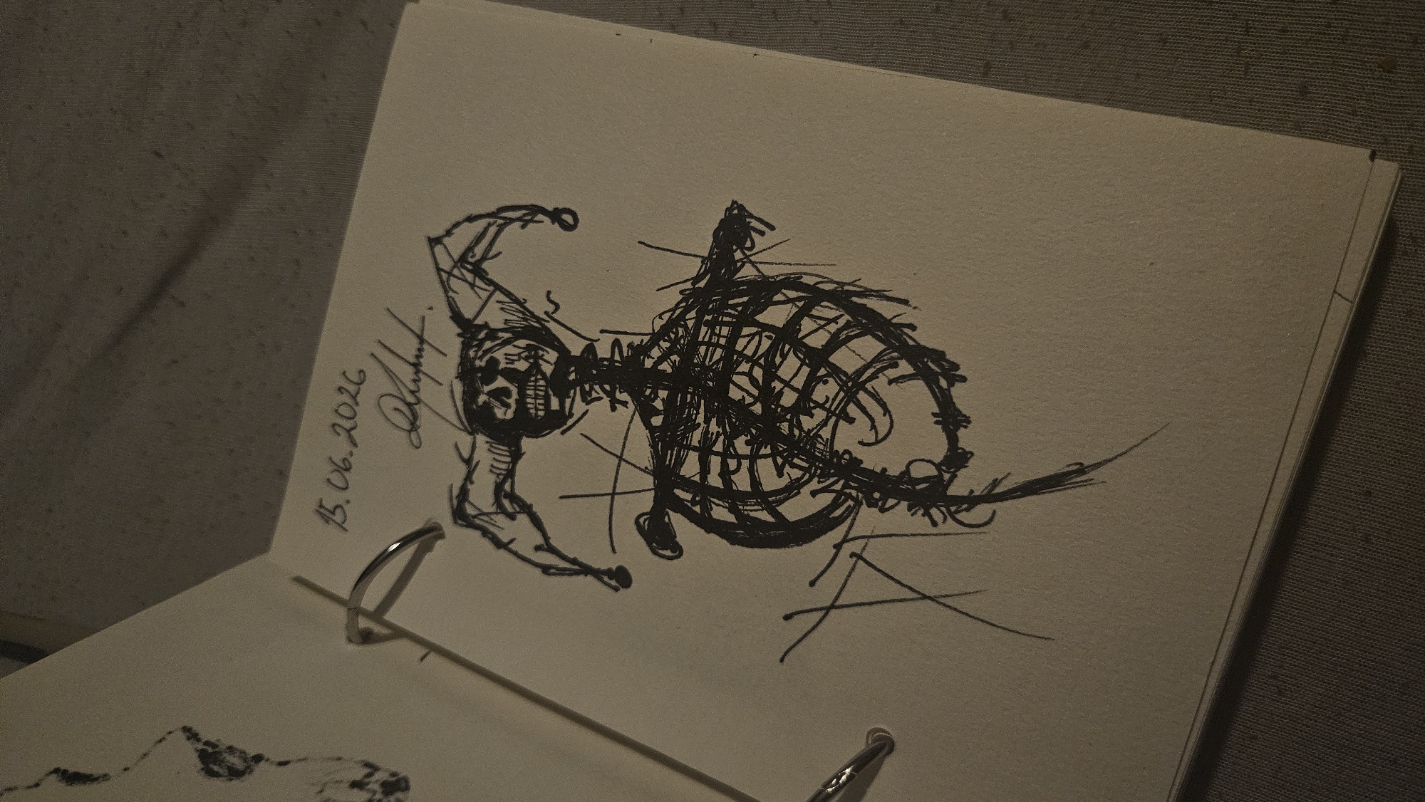The image shows a sketch in a notebook. The sketch depicts a skeleton wearing a jester's hat. The date "15.06.2026" is written above the sketch, followed by a signature. The notebook is open, and a portion of another sketch can be seen on the left page. The notebook is placed on a textured surface, possibly fabric. The lighting in the image is dim, suggesting an indoor setting.