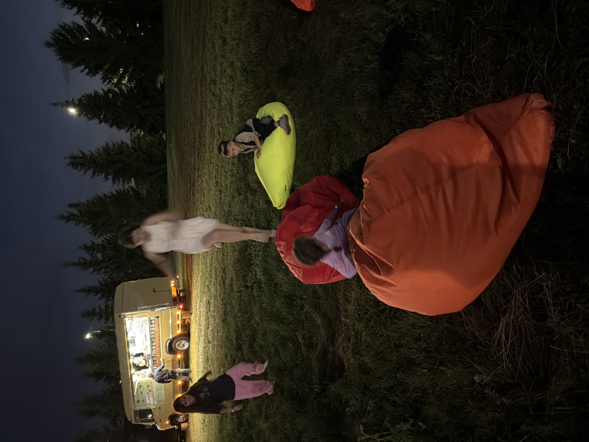 An evening scene unfolds on a grassy field at the base of a line of dark evergreen trees. A food truck, illuminated by internal lights, is positioned on the left, its service window open. A man stands behind the counter of the food truck. A young girl with long dark hair and a dark t-shirt and pink pants stands to the left of the food truck. A woman in a white dress is running towards the right side of the frame. In the foreground, three large beanbag chairs are scattered on the grass: a red one in the middle, an orange one on the right, and a yellow one further back on the right. A young child in a purple shirt is seated on the red beanbag chair. A young boy in a vest and hat is sitting on the yellow beanbag chair. The sky above is dark blue with a full moon visible above the trees.
