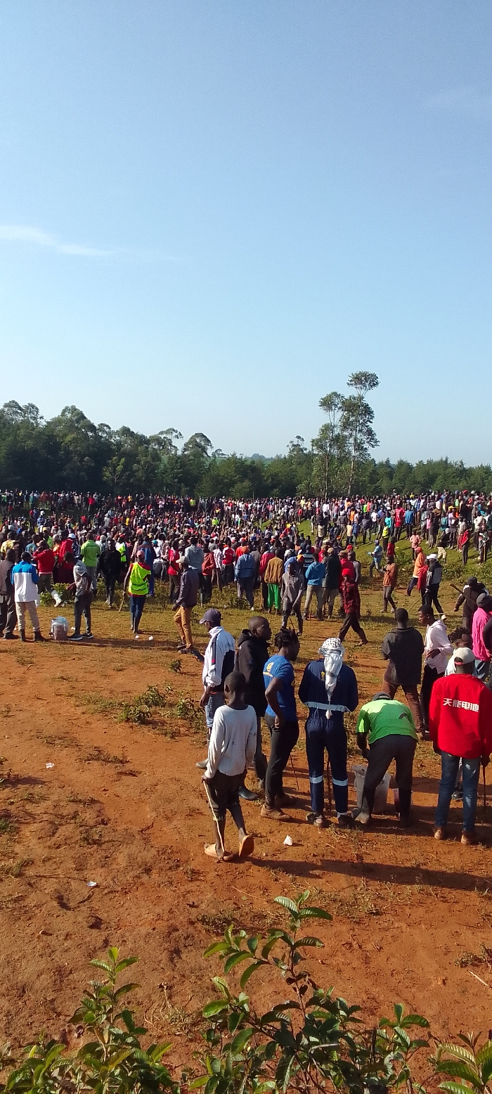 The image shows a large gathering of people in an open field in Isukha ICHINA, Kenya (latitude: 0.321, longitude: 34.801). The ground is red dirt, with sparse vegetation and a few trees in the background. The crowd is primarily composed of men, with some women visible. Many of the men are wearing brightly colored clothing, such as red, green, yellow, and blue. Some men are wearing head coverings, such as keffiyehs. The people in the foreground are gathered in smaller groups, while the crowd in the middle ground is more densely packed. The people are looking at something in the distance, which is not visible in the image. There is a sense of anticipation and excitement among the crowd. The sky is clear and blue, suggesting a sunny day. The image is captured from a low angle, providing a perspective that highlights the size of the crowd. The scene is one of a large gathering of people, possibly for a public event or a religious ceremony.