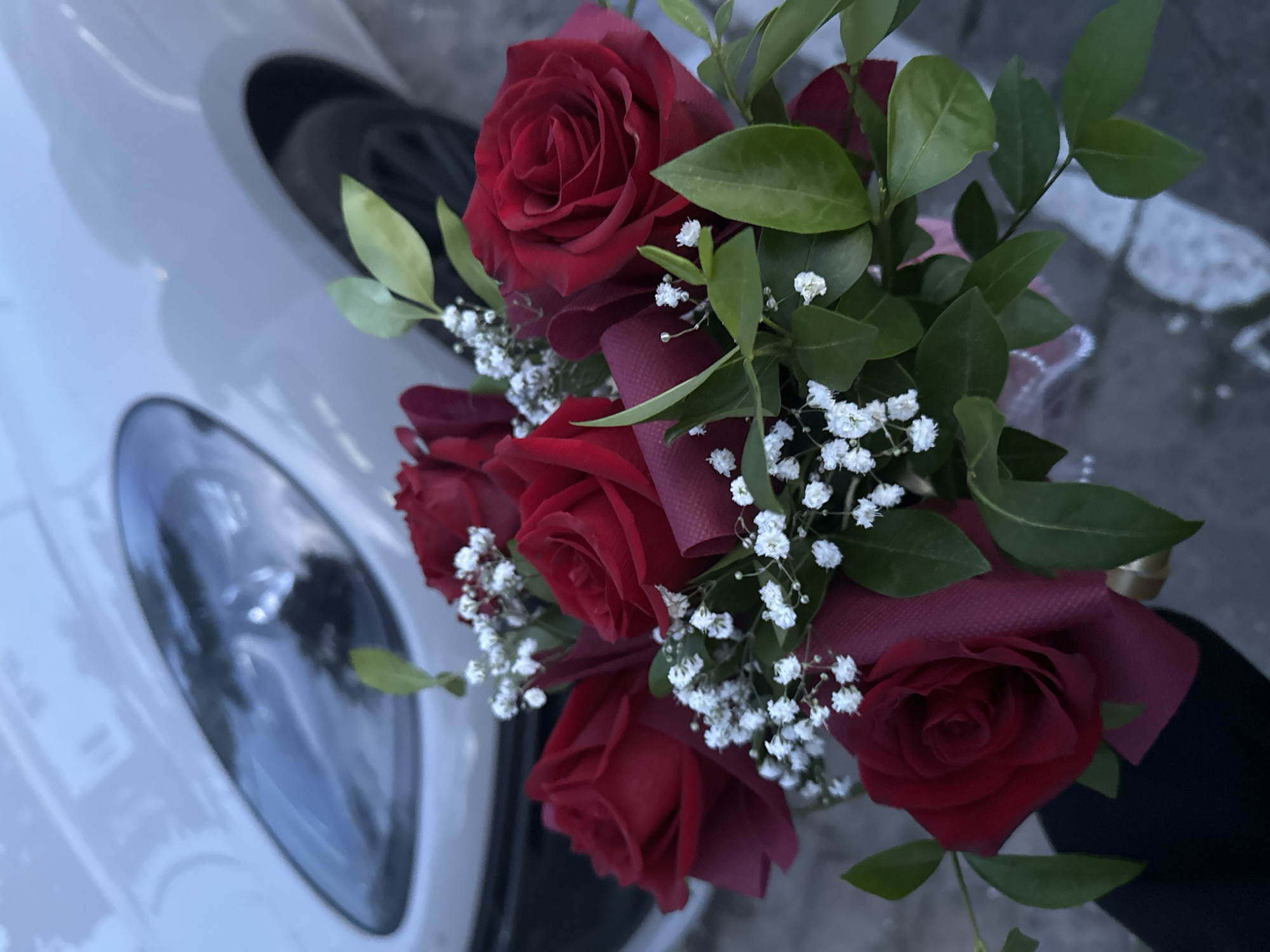 A close-up shot shows a bouquet of deep red roses and white baby's breath, held in front of the headlight and fender of a white car. The car appears to be parked on a paved surface, possibly a street or parking lot, as indicated by the grey, speckled ground. The lighting suggests it's daytime, but the overall scene is dimly lit, casting soft shadows. The focus is on the flowers, with the car's details blurred in the background. No people are visible in the frame.