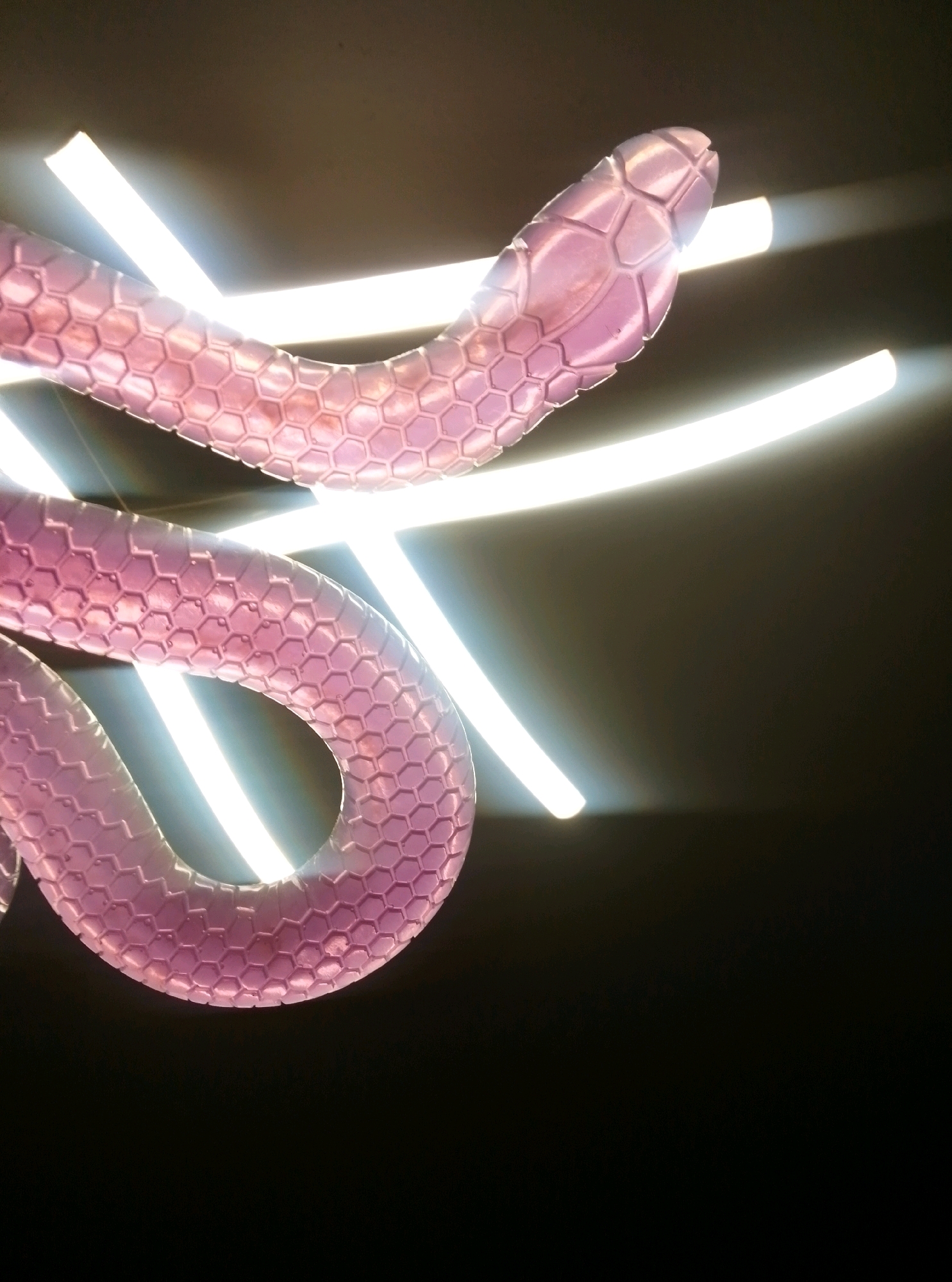 A translucent, pink, segmented snake sculpture is positioned against a dark background, illuminated by bright white light bars. The snake's body is covered in a hexagonal pattern, and its head is visible in the upper right portion of the image. The light bars appear to be part of an installation or architectural lighting. The image does not provide any information about the city of Wedel, Germany.