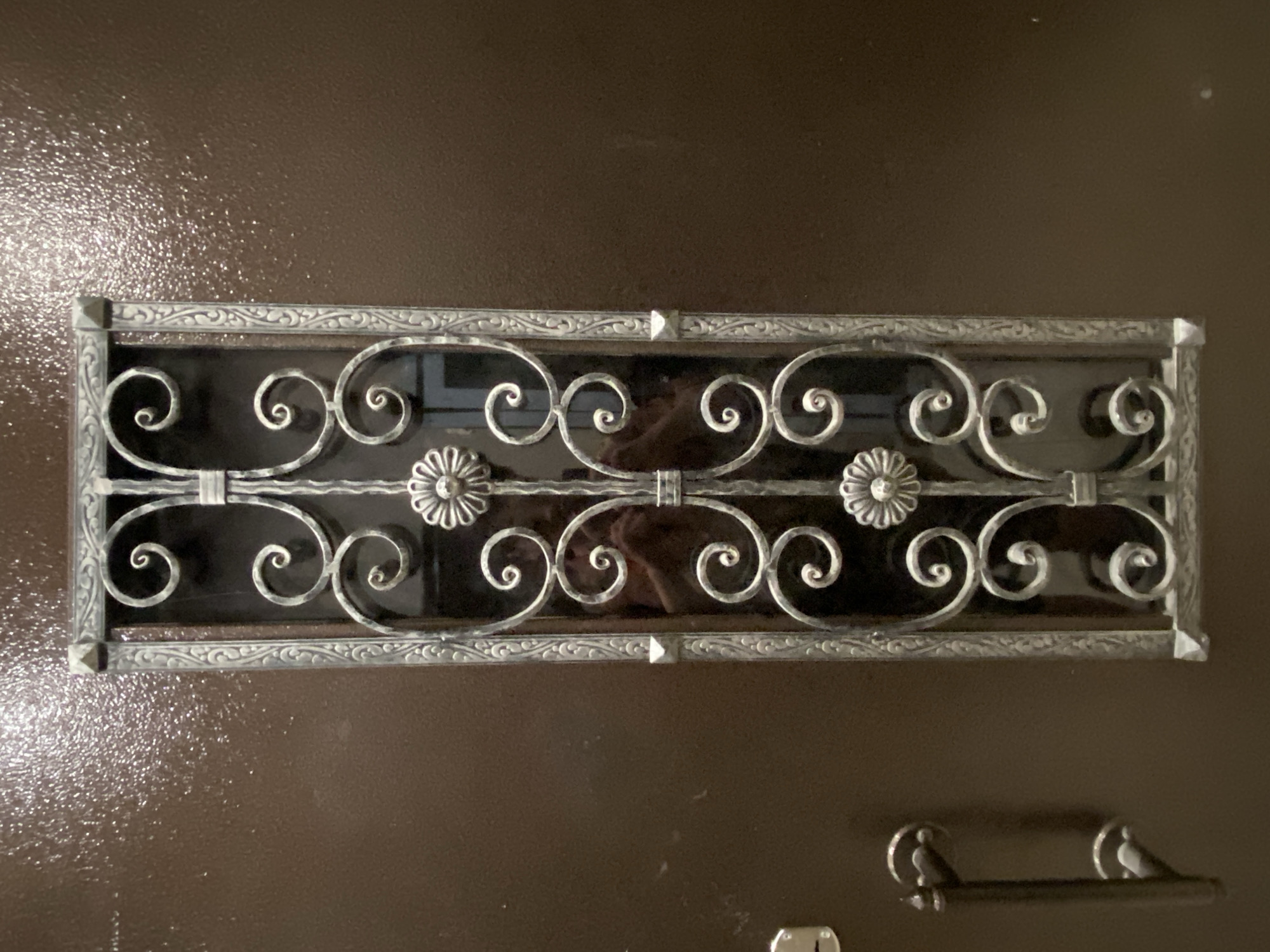The image shows a dark brown metal door with a rectangular decorative wrought iron grill at eye level. The grill features a repeating pattern of stylized floral elements and swirling wrought iron. Reflections are visible behind the grill, obscuring what is behind the door. Below the grill, partially visible at the bottom right, is a dark-colored decorative metal element resembling a branch with birds. The door appears to be part of a building, but the broader environment is not visible. The image does not contain any information suggesting its location is in Kazan, Russia.