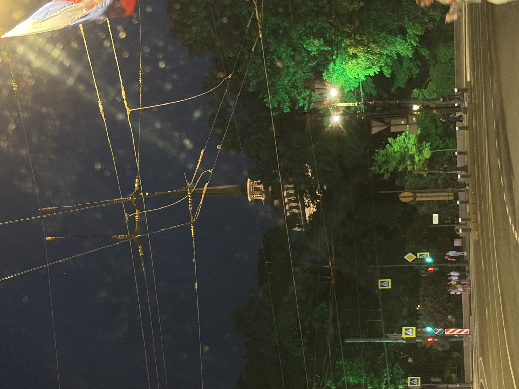 At night, a street scene in Saint Petersburg, Russia, is captured. Overhead, a complex network of trolleybus wires crisscrosses the frame, with a Russian flag visible in the upper right corner. In the background, a tall, spire-topped building, possibly a church or government structure, rises above dark green trees. The building features white architectural details and numerous windows. Streetlights illuminate the area, with one particularly bright light casting a vibrant green glow on the foliage. Several traffic lights are visible, some displaying red and green signals. Pedestrian crossing signs with yellow triangles are also present. A group of people stands on the sidewalk near a crosswalk, waiting to cross. The road in the foreground is paved, with lane markings visible. A person in the lower right of the frame walks away from the camera. The overall atmosphere is urban and nocturnal.