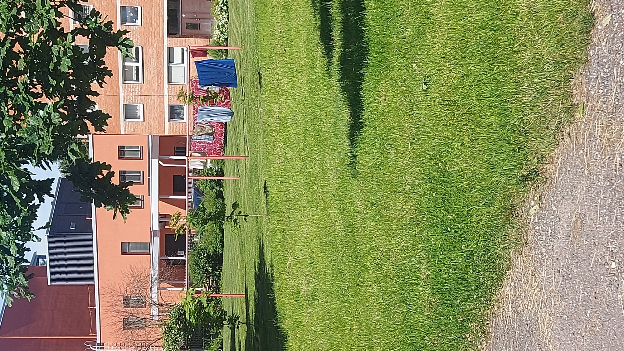 An exterior, eye-level, medium shot shows a grassy area with a clothesline in the background. The clothesline is made of red poles and is draped with several pieces of laundry, including a patterned sheet and a blue garment. Behind the clothesline are buildings made of orange and red brick, with windows and balconies. Trees with green leaves are visible in the foreground and background. The grass is well-maintained, and shadows from the trees are cast on it. The scene appears to be set in a residential area.