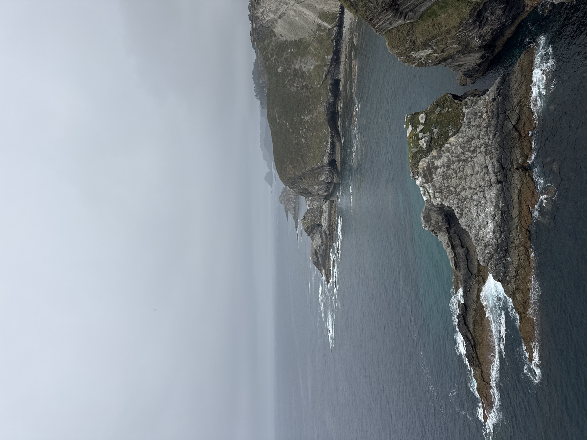 This media file captures a dramatic coastal landscape in Cudillero, Spain. The scene is dominated by rugged, steep cliffs that plunge into the deep, dark blue sea. The cliffs are a mix of grey rock and patches of green vegetation, indicating a wild and untamed environment. Waves crash against the base of the cliffs, creating frothy white lines against the darker water, suggesting a rough or choppy sea.
The weather appears overcast and hazy, with a pale grey sky that obscures the horizon and lends a muted, somewhat somber atmosphere to the scene. The limited visibility suggests it could be early morning, late evening, or simply a foggy day. There are no people or man-made objects visible, emphasizing the natural grandeur and isolation of the location. The overall impression is one of raw, natural power and the stark beauty of a coastal wilderness. The image is oriented vertically, offering a sweeping view from above the cliffs down towards the sea.