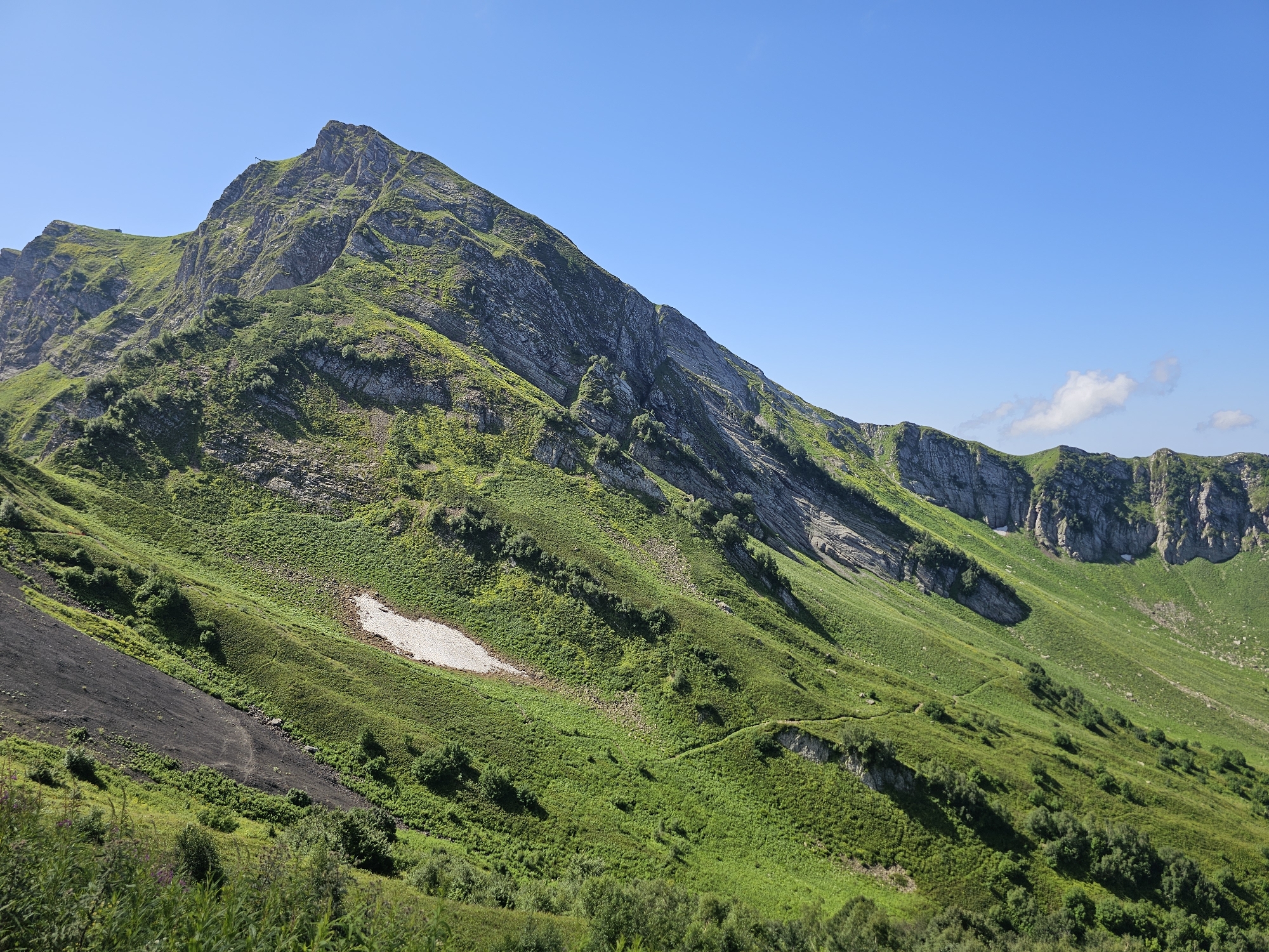 A high-angle, wide shot captures a majestic mountain range under a clear, bright blue sky in Estosadok, Russia. The prominent mountain in the foreground is a dramatic peak, its slopes covered in vibrant green grass and dotted with sparse trees and rocky outcrops. A path is visible winding up its side. To the left of the main peak, a dark, barren section of the mountain contrasts sharply with the lush greenery, appearing almost like a large landslide scar. Further into the distance, the mountain range stretches out, revealing more peaks with steep, rocky faces interspersed with green slopes. A small patch of snow is visible on one of the grassy slopes. The lower portion of the image shows a dense green forest. The scene is bathed in natural sunlight, indicating it is daytime. There are no people or animals visible in the image.