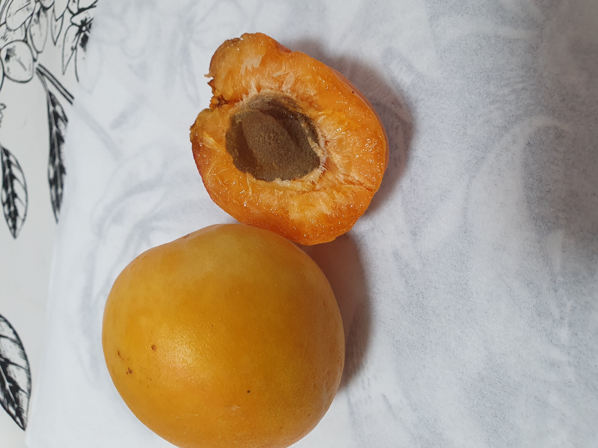 The image shows an apricot cut in half, with the whole apricot on the left and the halved apricot on the right. The halved apricot reveals its seed and the fleshy interior. Both fruits are a vibrant orange color. They are placed on a white, textured surface, which appears to be a fabric with a subtle pattern of black leaves in the background. The lighting is natural, casting soft shadows. The scene does not contain any elements that would allow for the determination of its location in Lusagyugh, Armenia, or any other specific geographic location.
